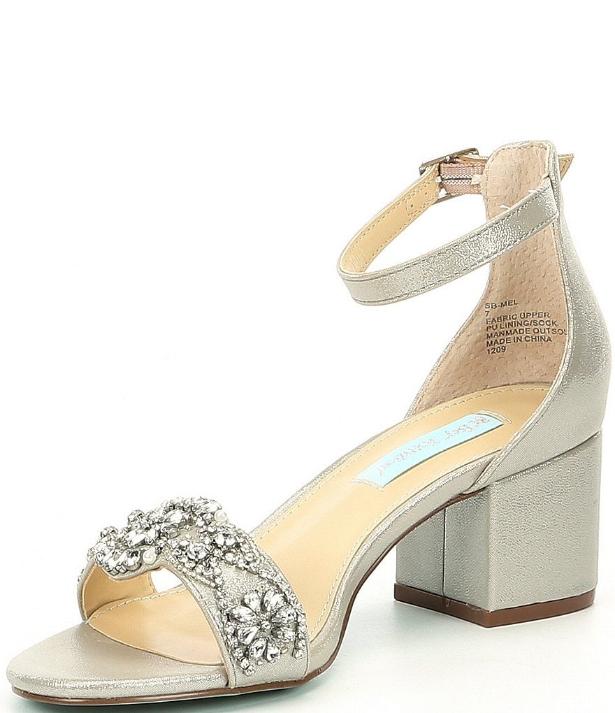 Blue by Betsey Johnson Mel Bejeweled Satin Block Heel Dress Sandals