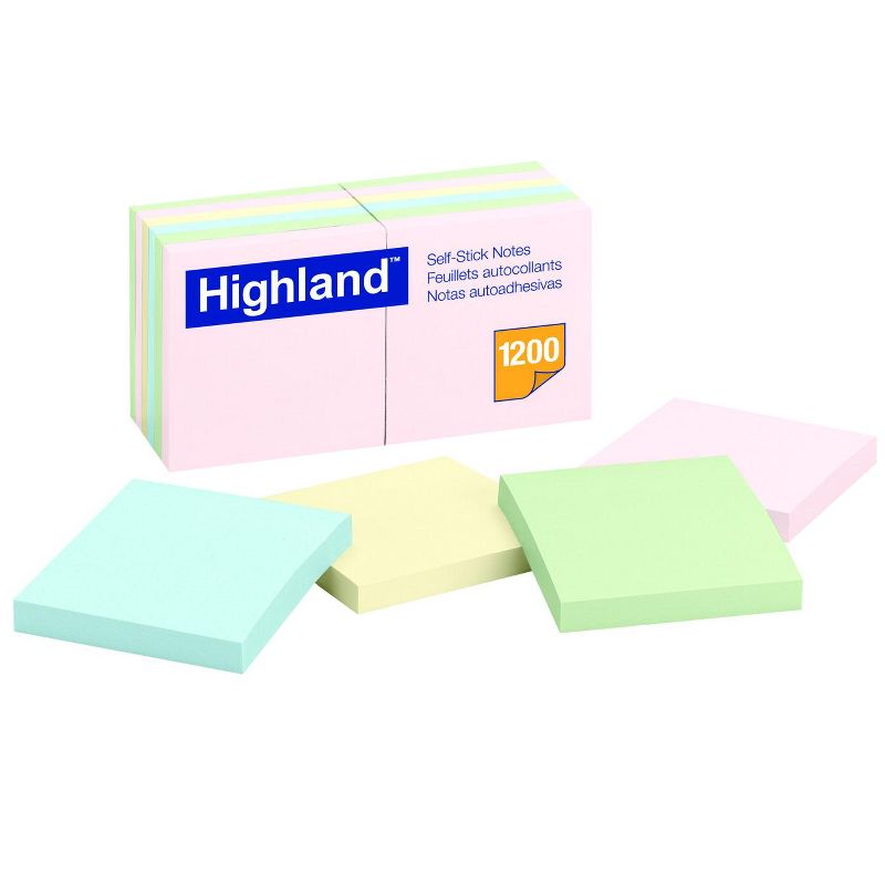 Highland Self-Stick Notes, 3 x 3 Inches, Pastel Colors, Pad of 100 Sheets, pk of 12
