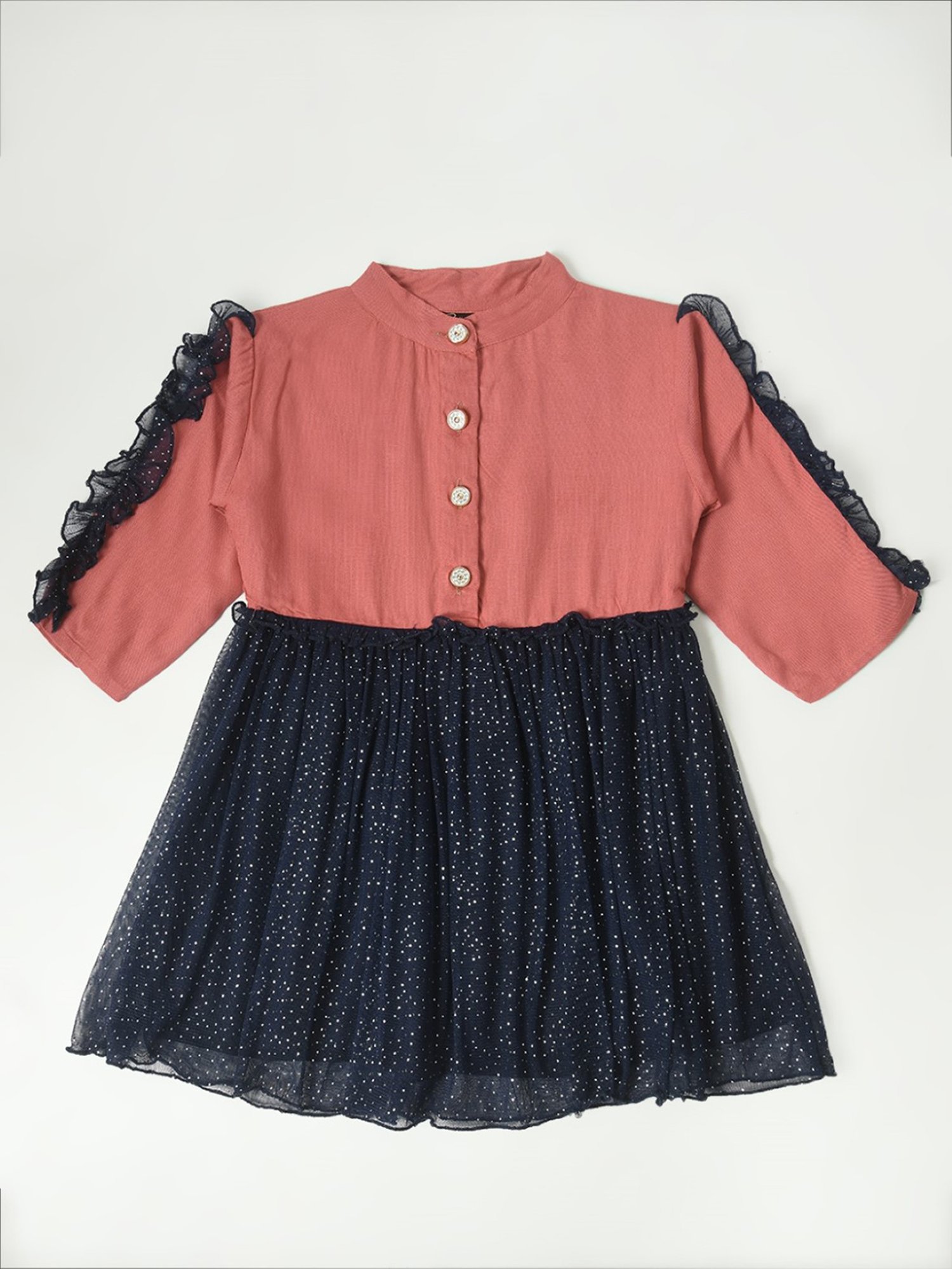 Bella Moda Kids Peach & Navy Embellished Full Sleeves Fit & Flare Dress