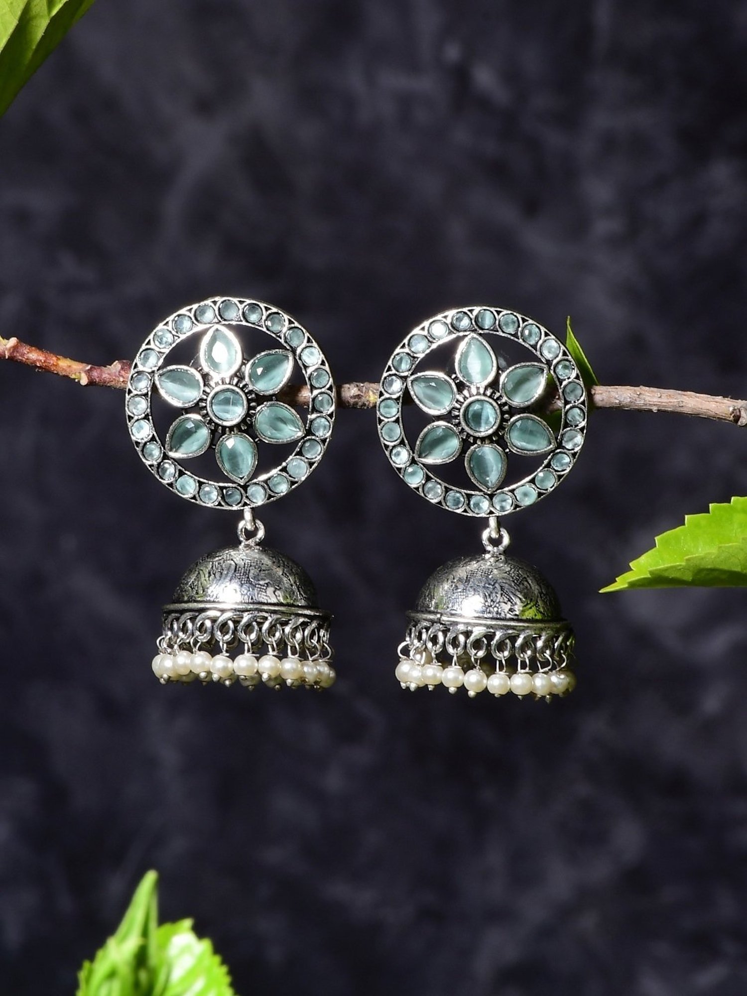 Imli Street Green-White Silver Tone Stone-Studded Handcrafted Jhumki Earrings