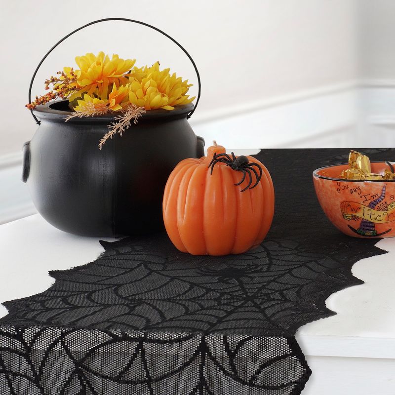 Crawling Halloween Spider Lace Table Runner - 13" x 70" - Black - Elrene Home Fashions