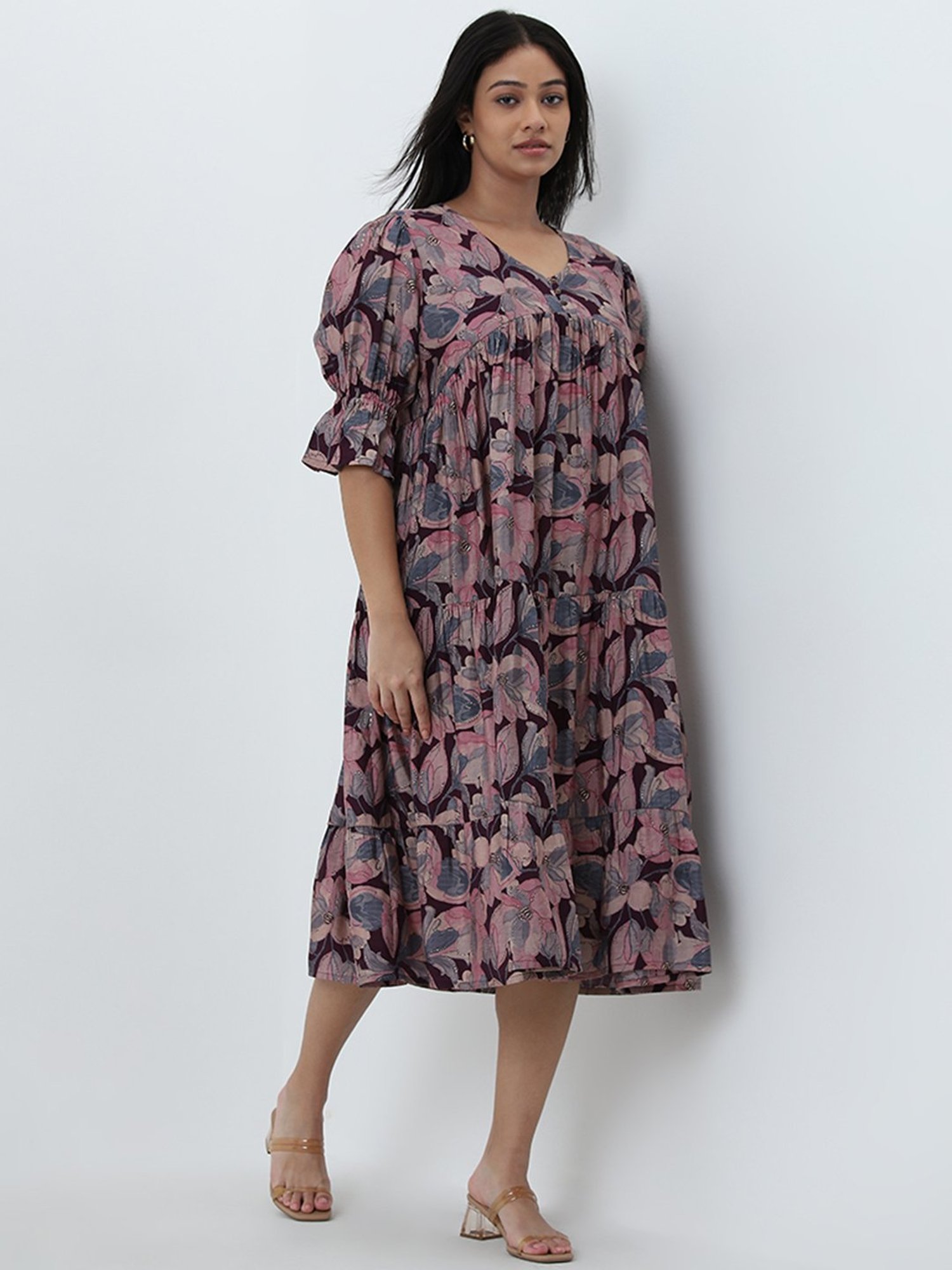 Diza by Westside Purple Floral Design A-Line Dress