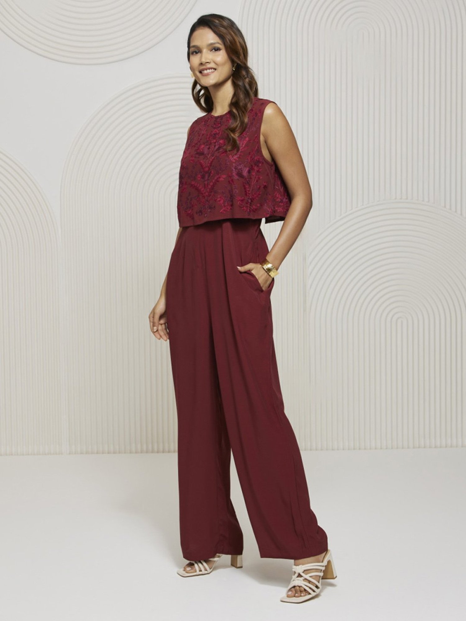 Artagai Tawny Port Jumpsuit with Kashida Embroidery