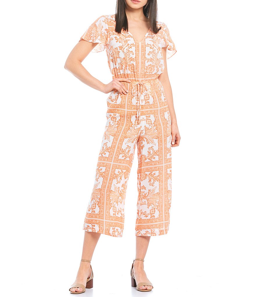 MICHAEL Michael Kors Scarf Print Dray Crepe V-Neck Flutter Sleeve Cropped Jumpsuit