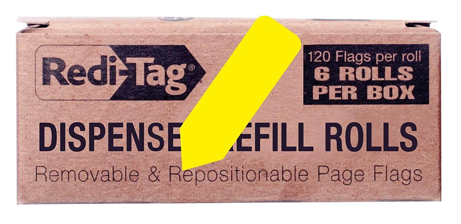 Redi-Tag Solid Arrow Dispenser Flags, 6 Roll Refill, 120 Flags per Roll, 1-7/8 x 9/16 Inches, Yellow (91061)