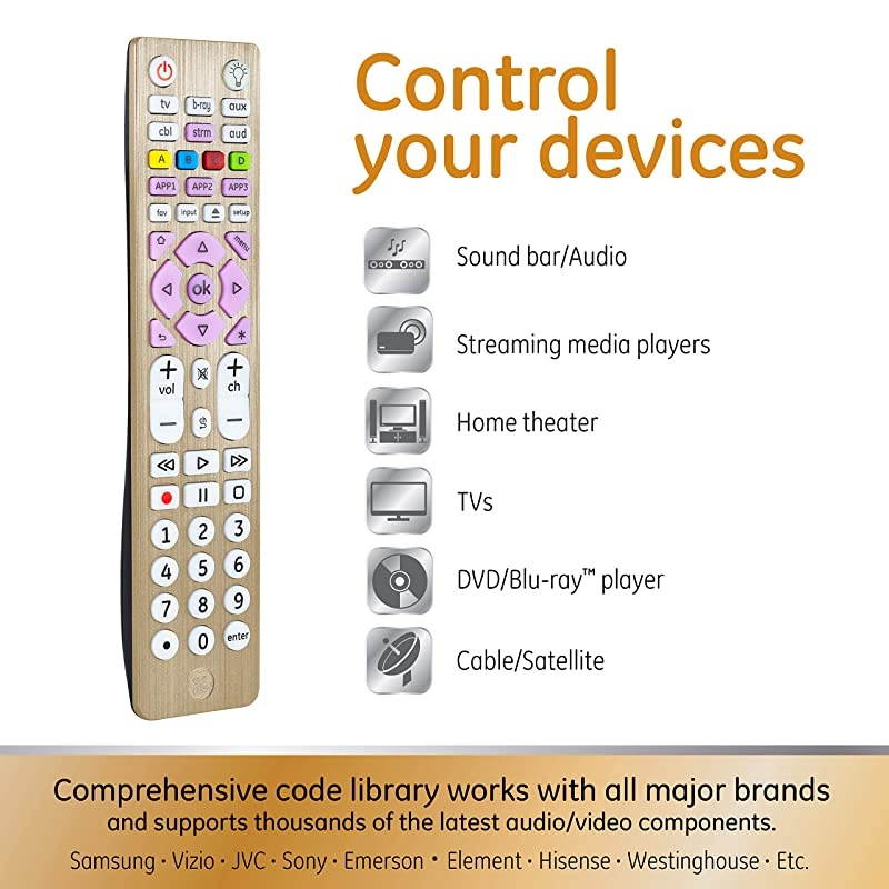 6-Device Backlit Universal Remote Control for Samsung, Vizio, Lg, Sony, Sharp, Roku, Apple TV, Smart TVs, Streaming Players, Blu-Ray, DVD, Master Volume Control, Gold, 47506