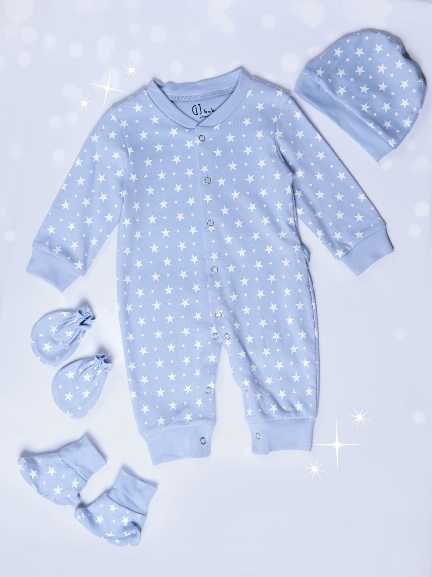 GJ baby Blue Printed Full Sleeves Bodysuit, Bib, Cap, Mittens with Socks