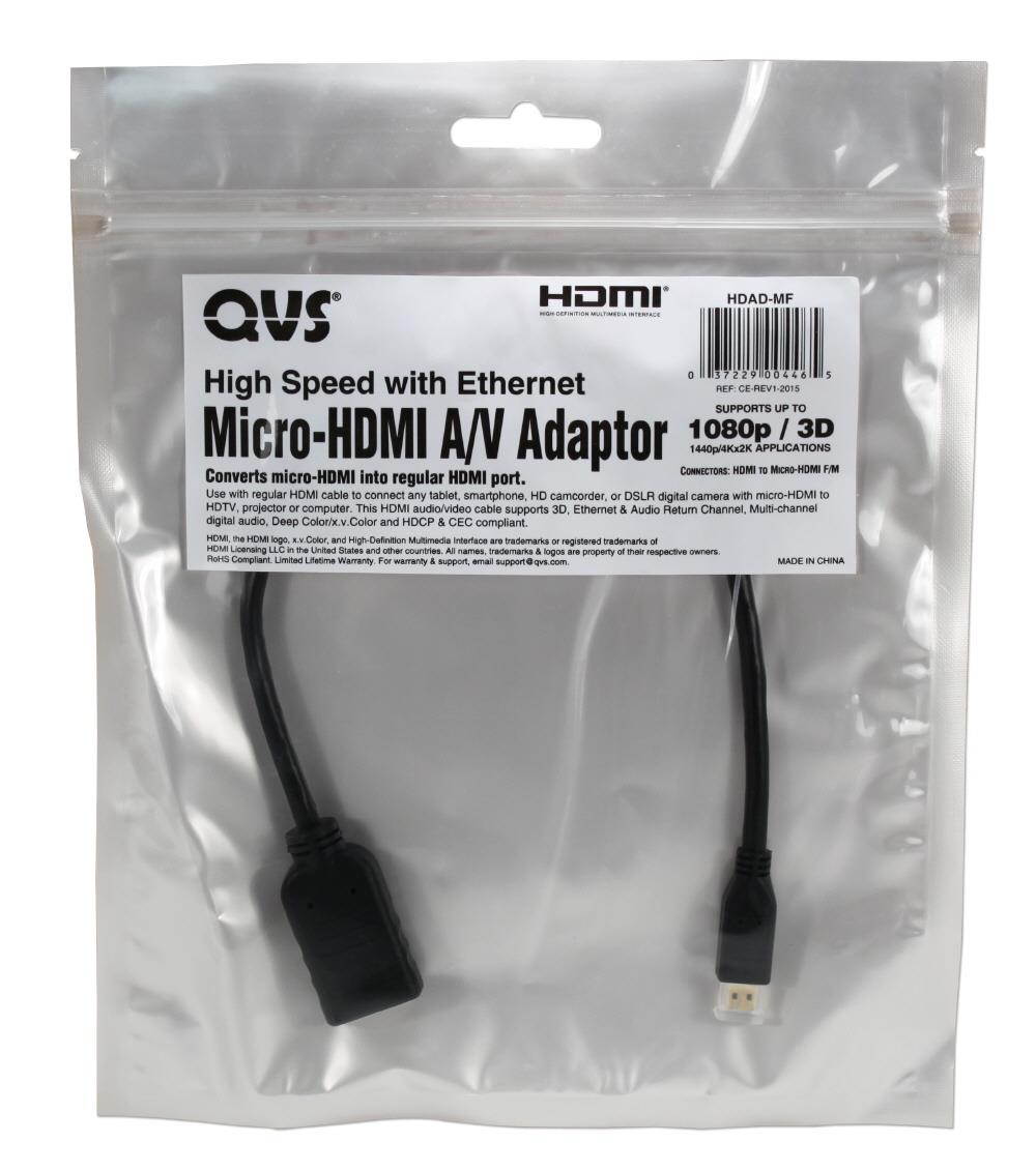 Qvs Micro-Hdmi Male To Hdmi Female Digital A/V 4K Hd Camera Conversion Cable