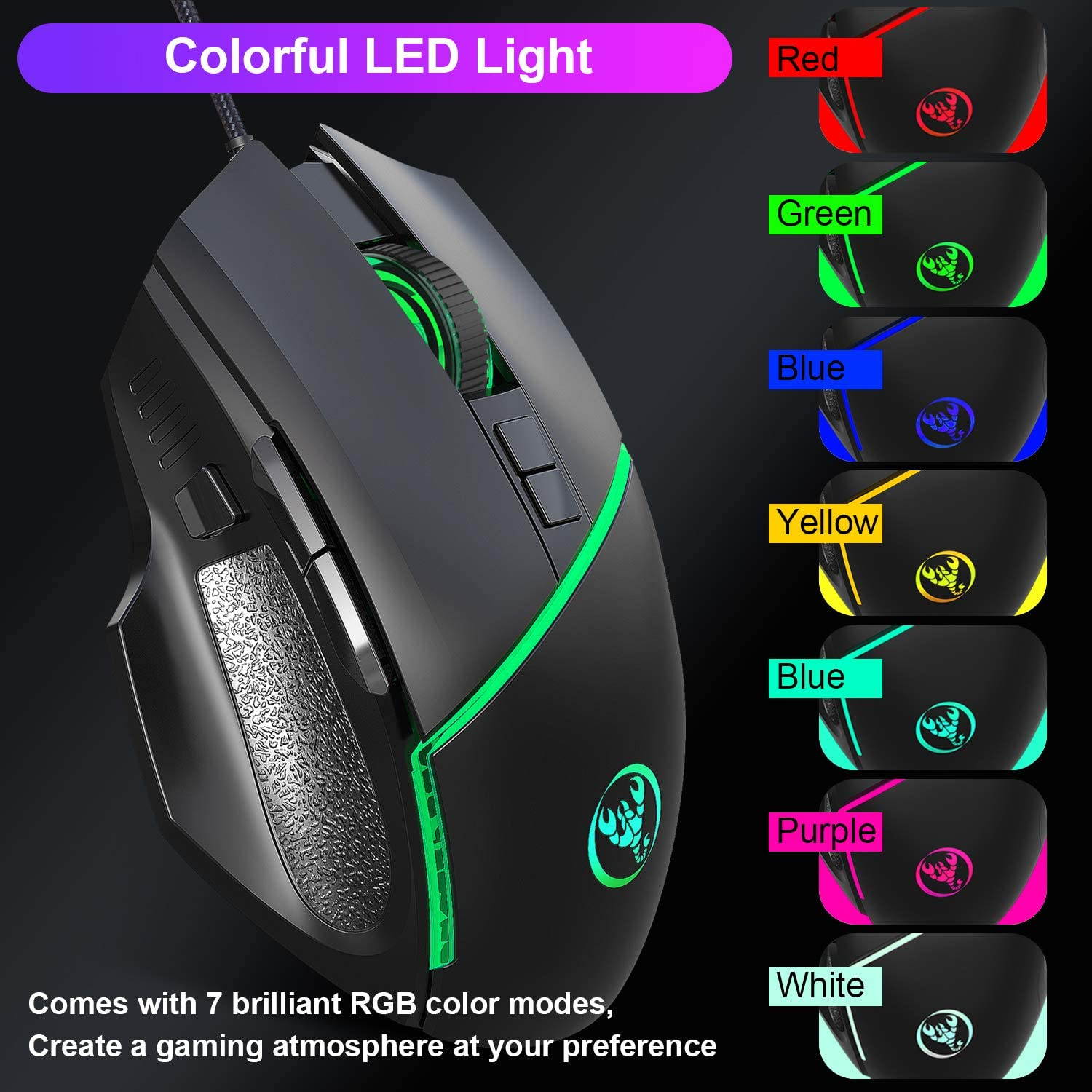 Wired Gaming Mouse, Ergonomic USB Computer Mouse with Colorful Breathing Lights & 6400 Adjustable DPI, 7 Buttons RGB Gaming Mice for Windows 2000, Windows XP, Windows Vista,Windows7/8/10 Mac (Black)