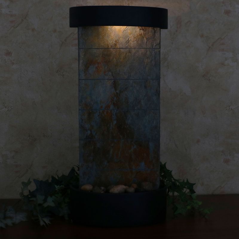 Sunnydaze Indoor Home Office Slate Facade Wall or Tabletop Water Fountain Feature with LED Light - 25" - Black