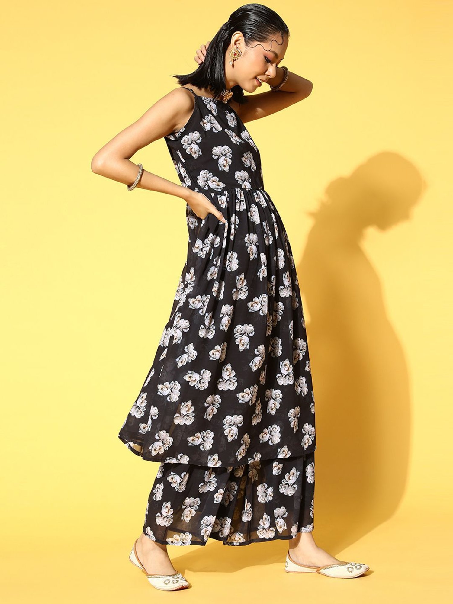 Ziyaa Black Floral Print Kurta Sharara Set