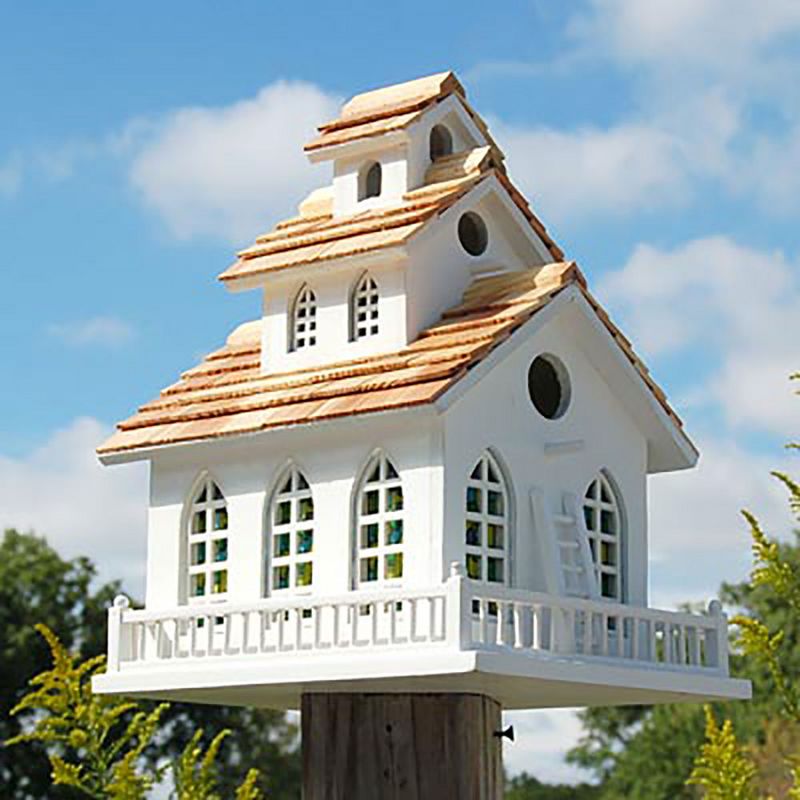 Home Bazaar HB-2047S 3 Tiered Chapel Bell Birdhouse with Chiming Bell and Stained Glass Windows for Wrens, Finches, Chickadees, and More, White