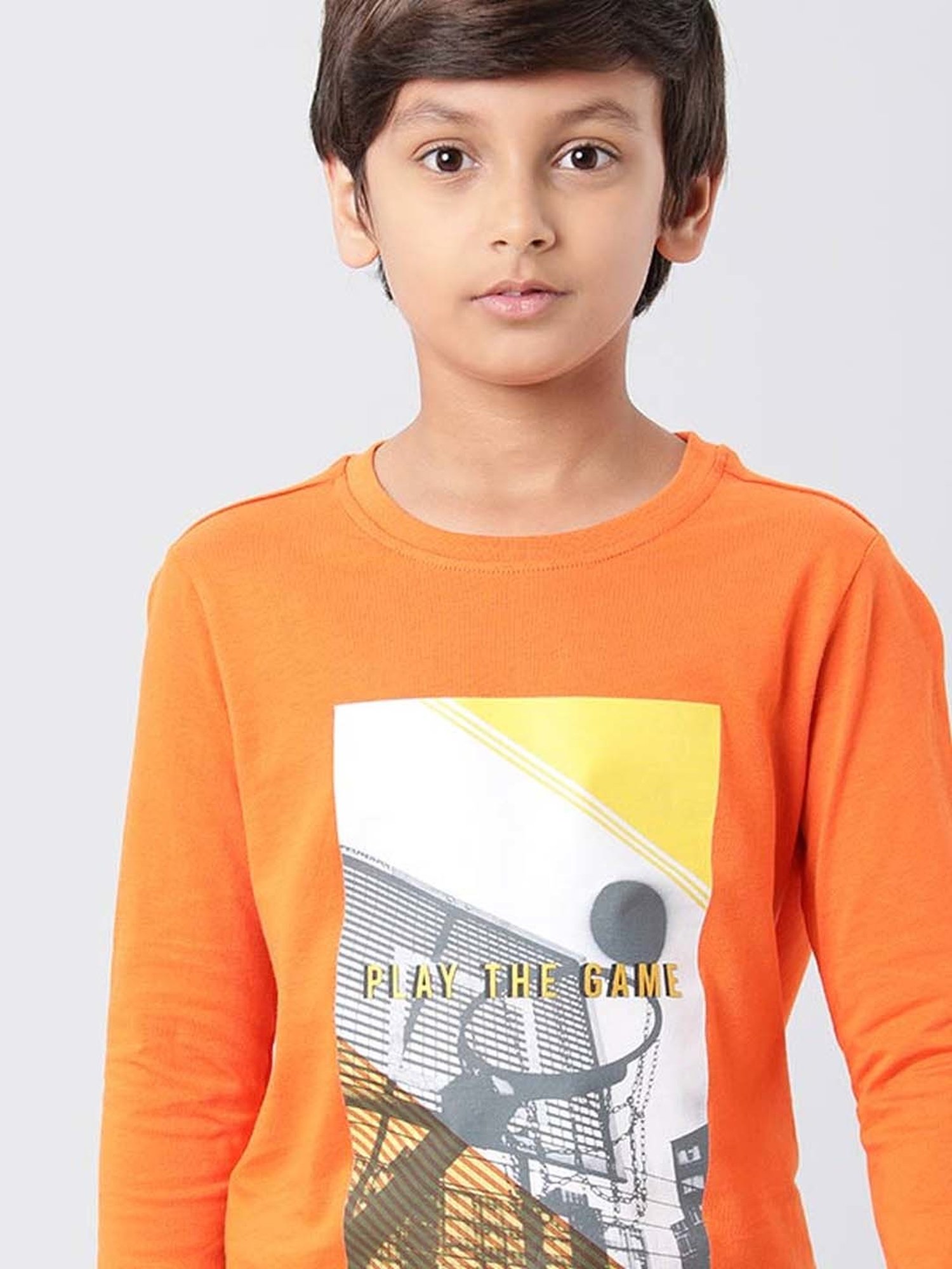 Indian Terrain Kids Orange Cotton Printed Full Sleeves T-Shirt