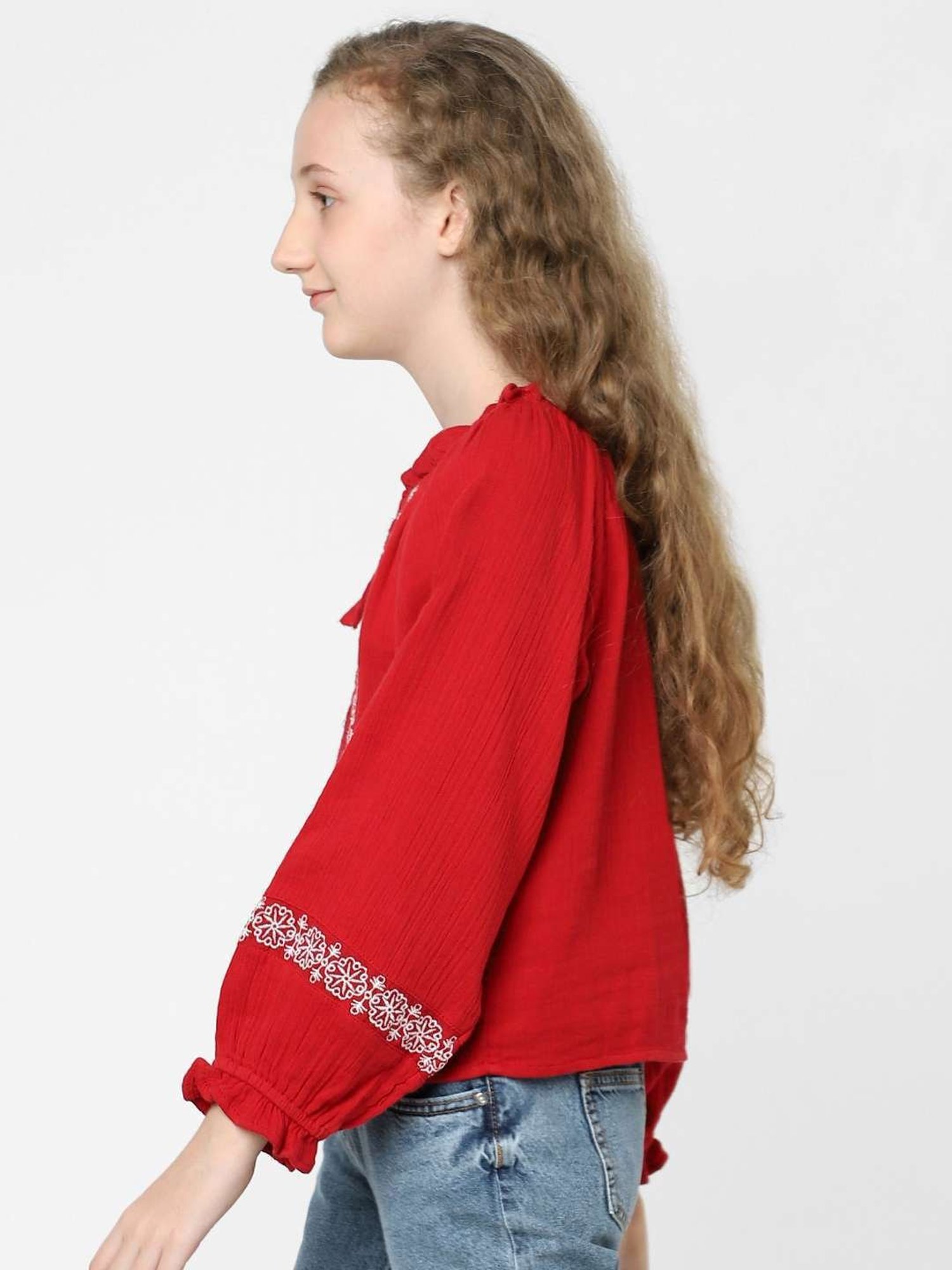 KIDS ONLY Red & White Cotton Embroidered Full Sleeves Top