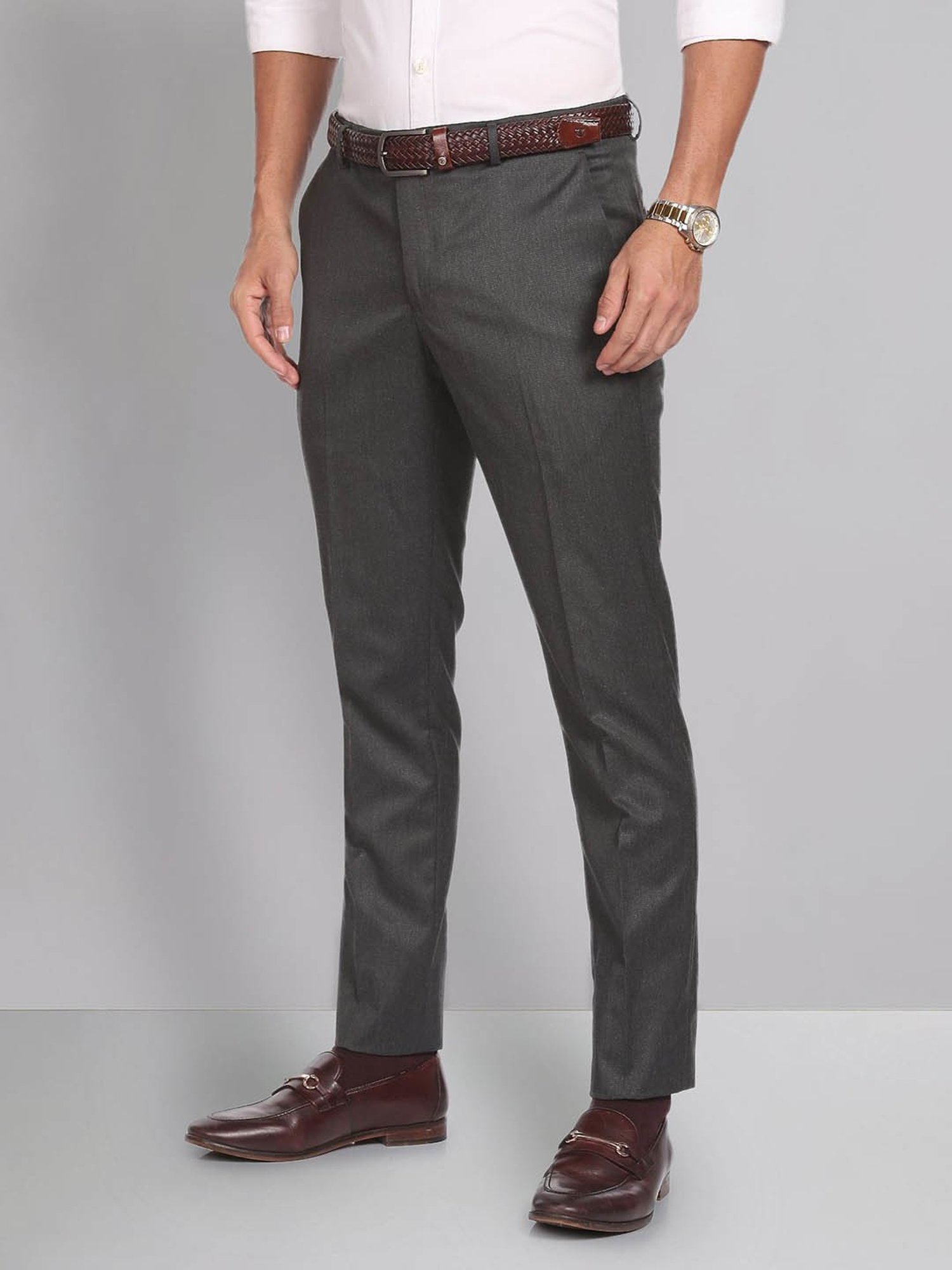 AD by Arvind Grey Slim Fit Flat Front Trousers