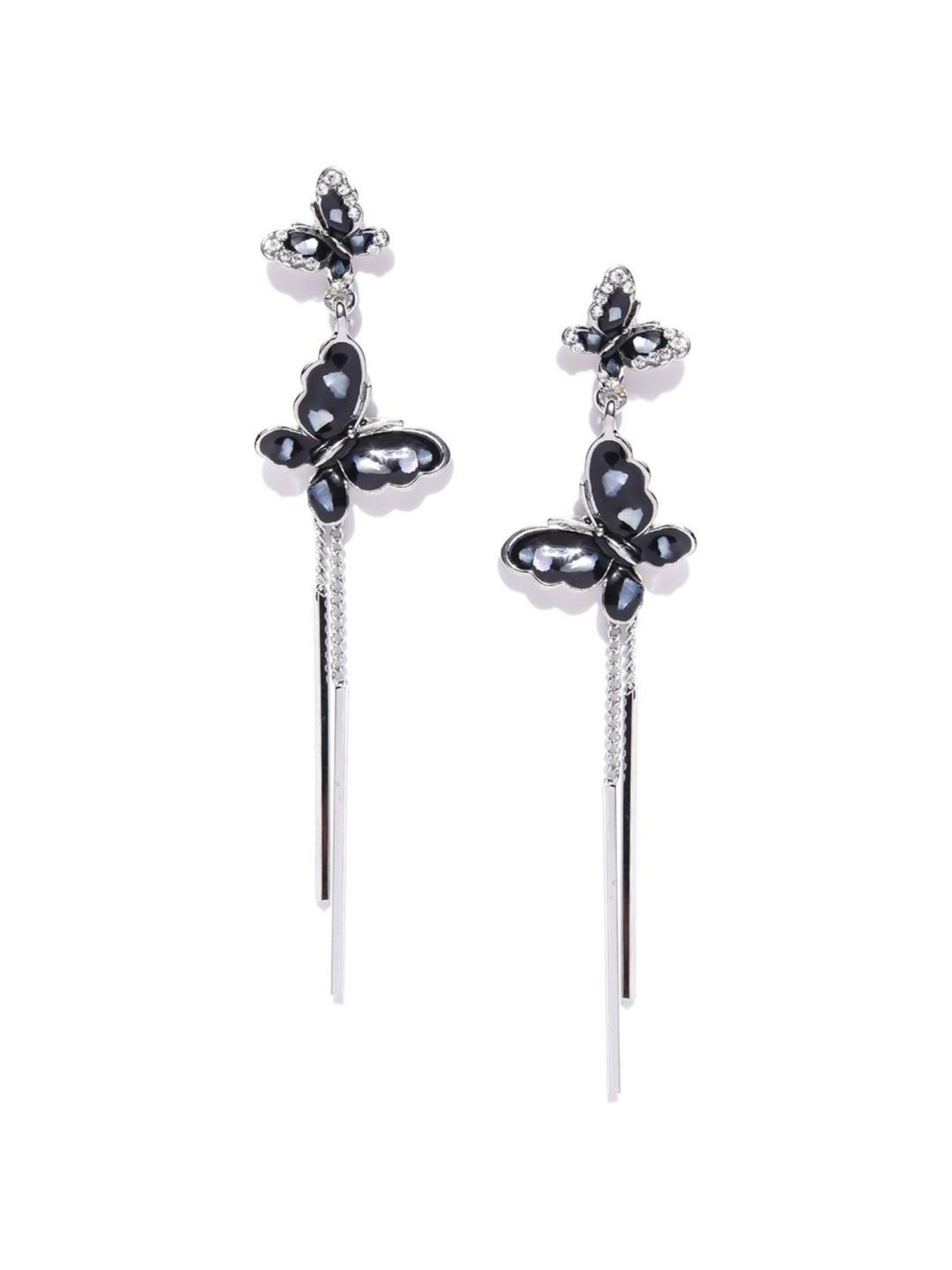 YouBella Black Silver-Toned Contemporary Stone-Studded Dangler Earrings