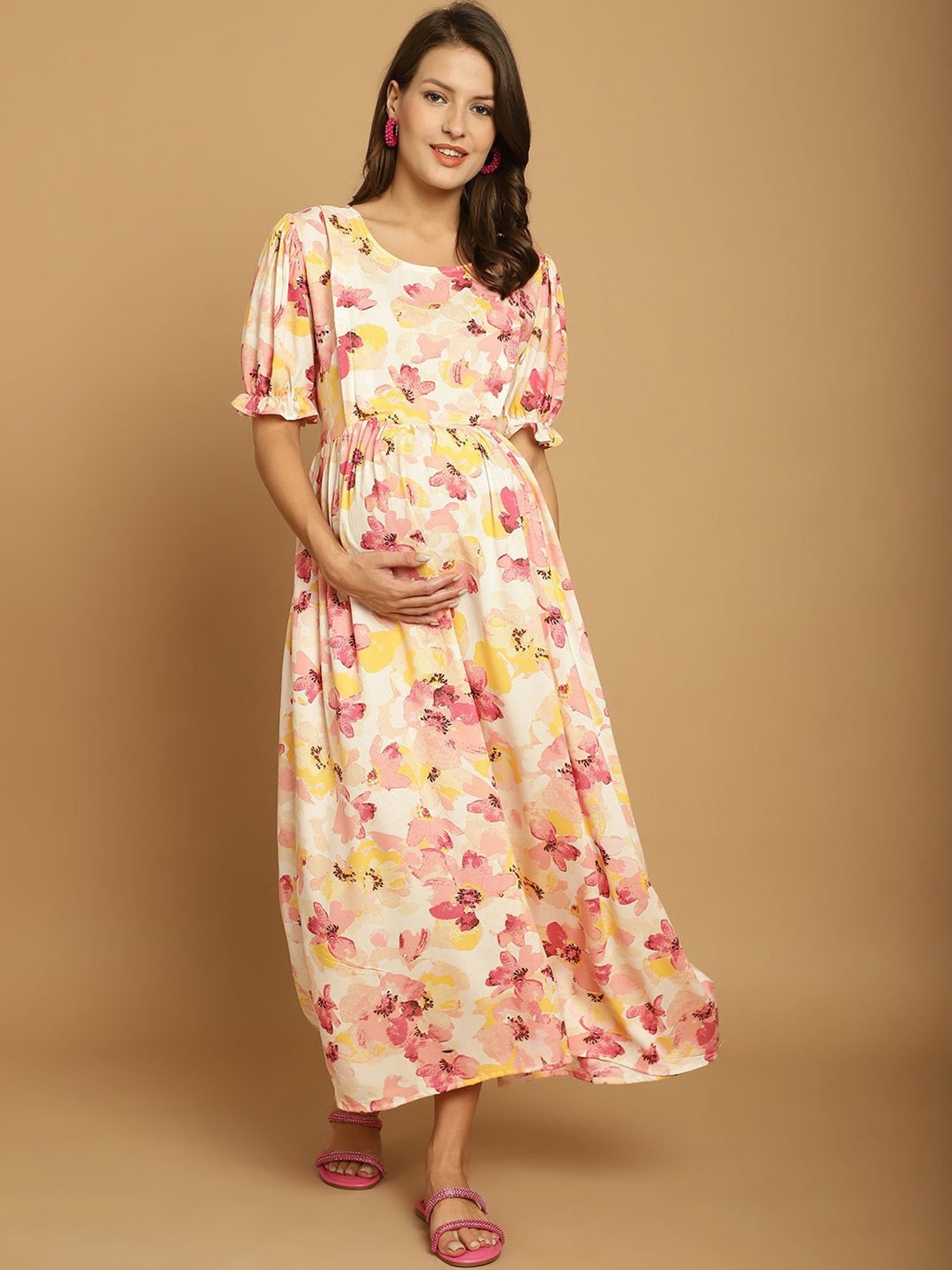 Secret Wish Beige Printed Maternity Night Dress