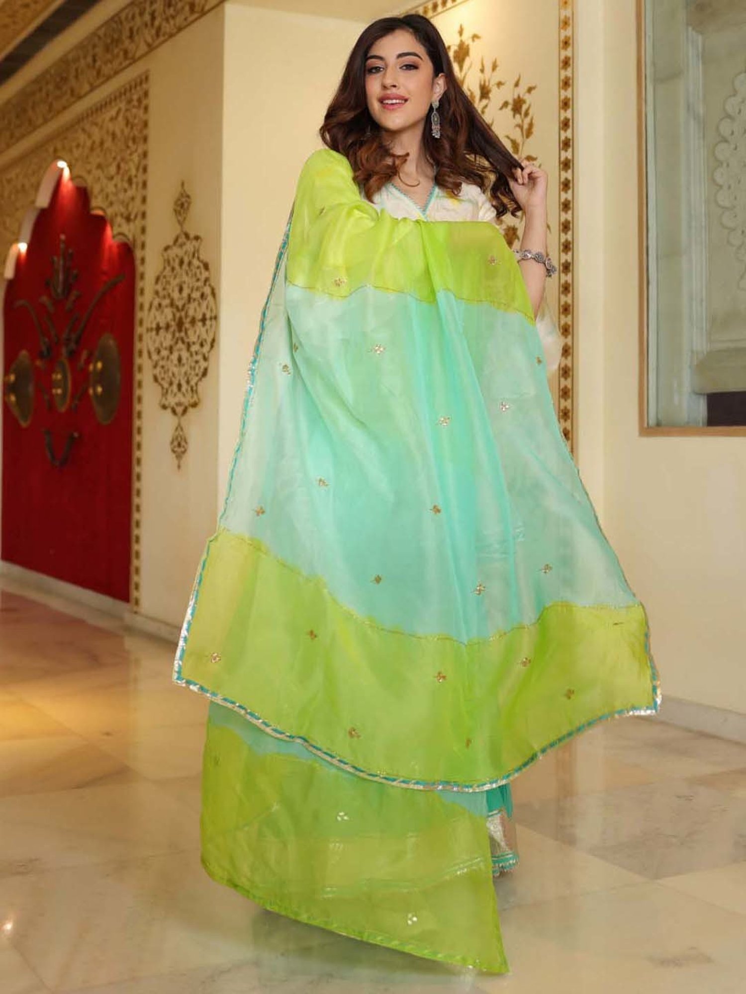 AACHHO White & Turquoise Tie & Dye Kurti Sharara Set With Dupatta