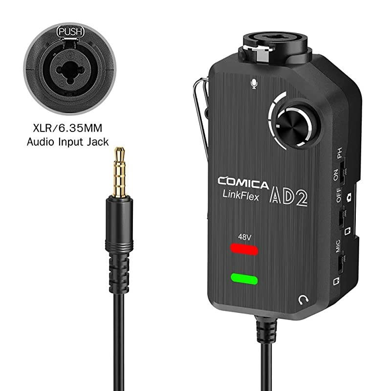 Preamp Adapter Comica LINKFlEX AD2 XLR 635MM Microphone Preamp Amplifier with 48V Phantom Power Guitar Interface Adapter for iPhoneiPadAndroid Smartphone and DSLR Cameras