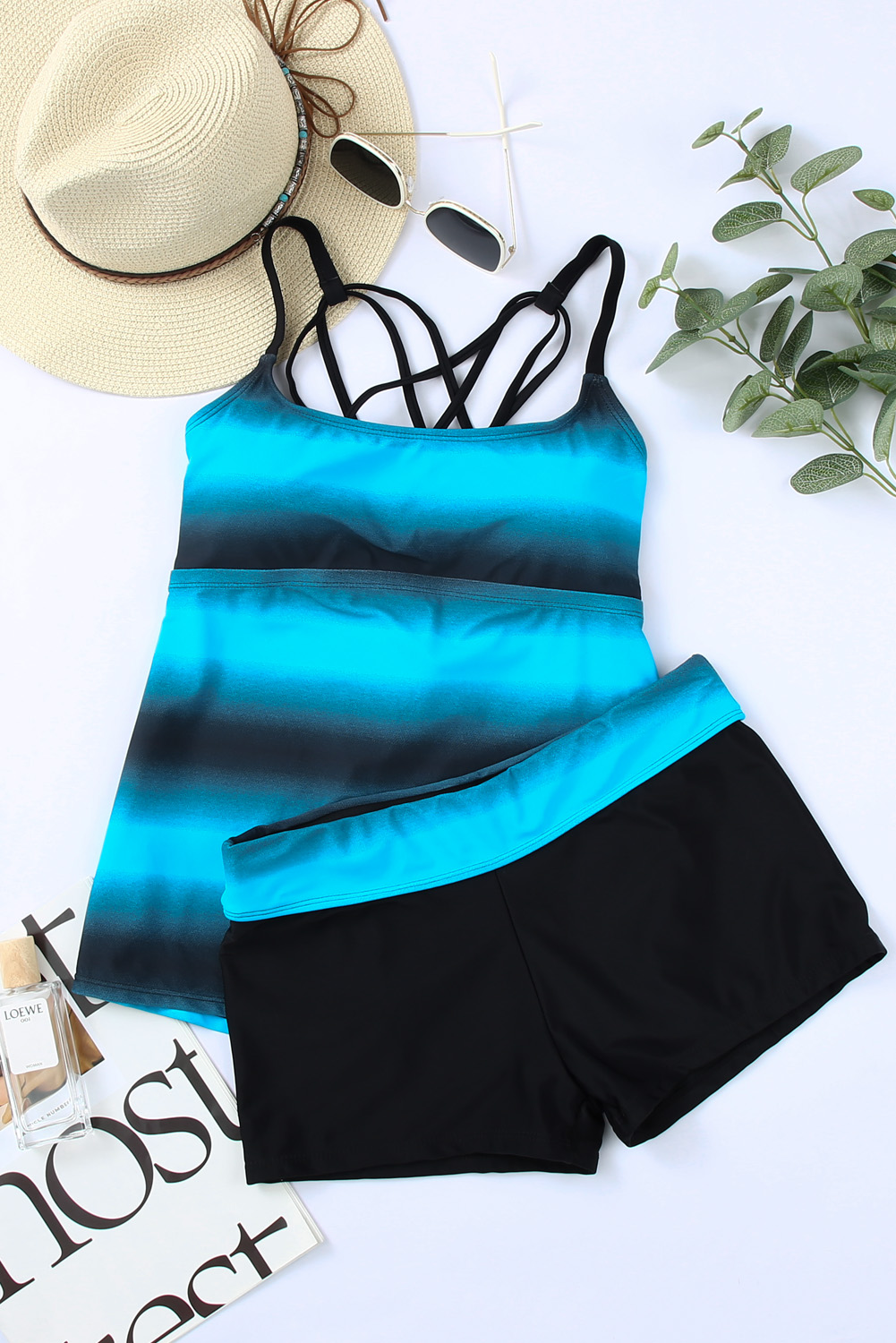 Blue Colorblock Criss Cross Back Tankini Swimsuit