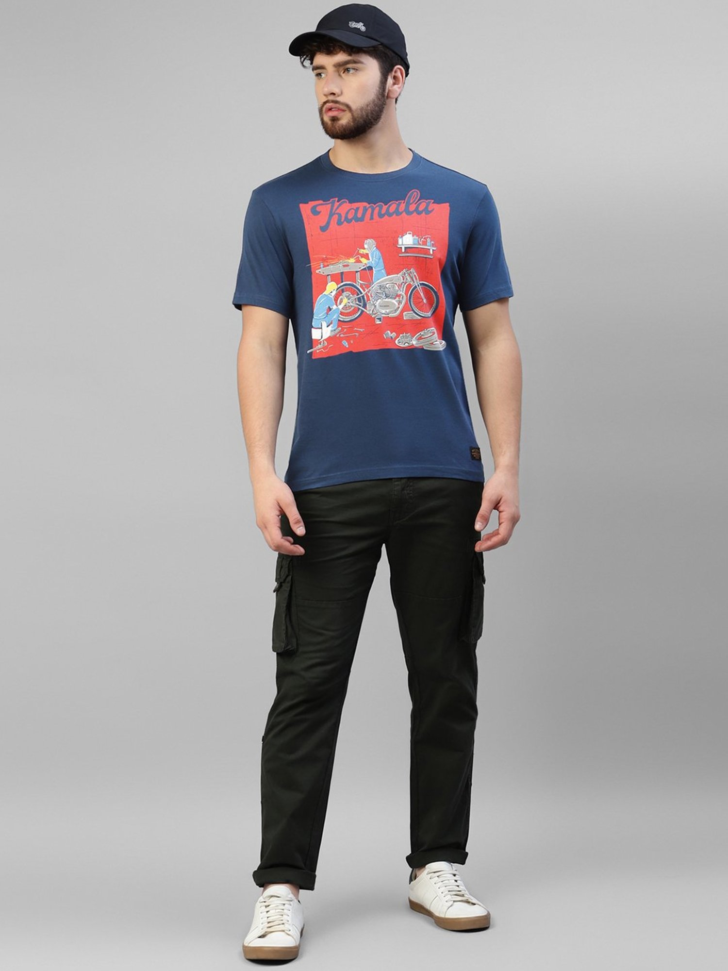 Royal Enfield Navy Regular Fit Kamala Print T-Shirt