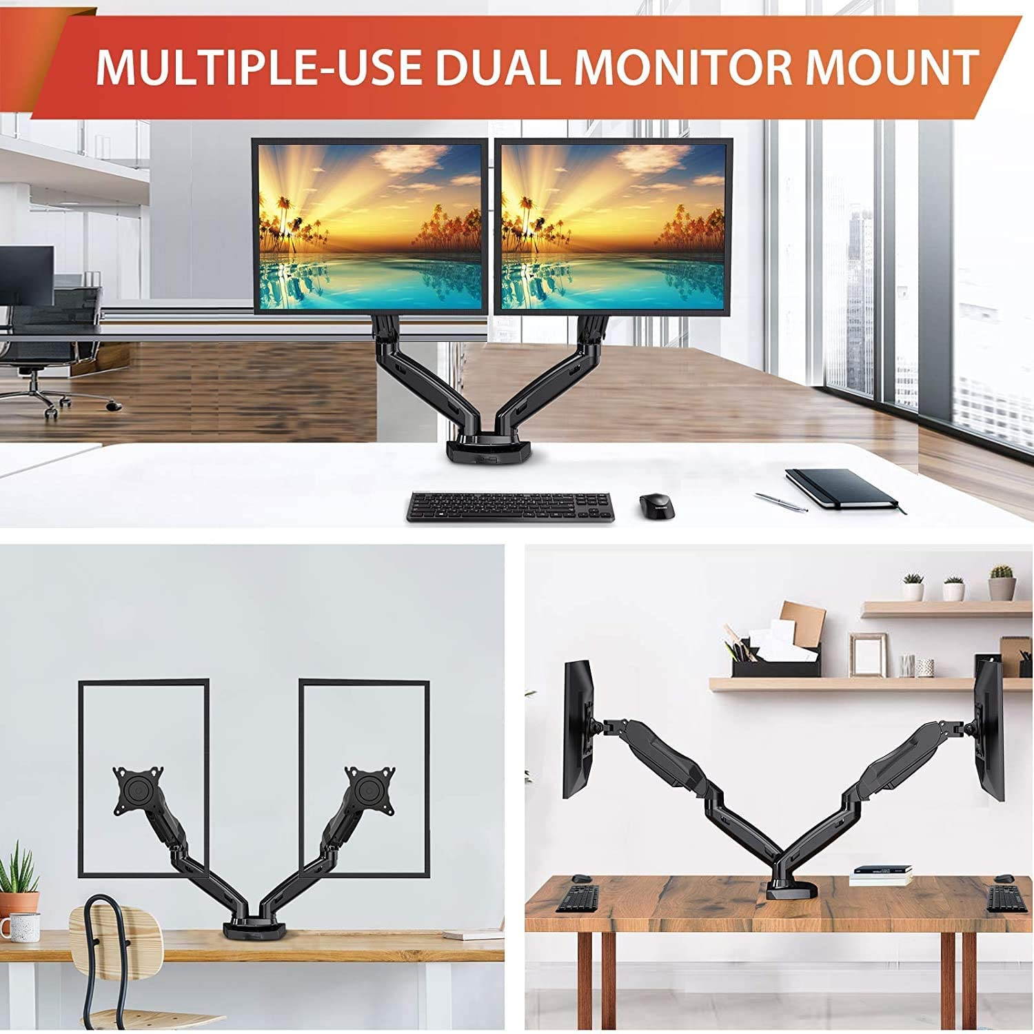 Dual Arm Monitor Desk Mount Stand, Adjustable Gas Spring, Swivel VESA Mount with C Clamp Grommet Mounting For Most 17-27 Inch Flat Curved Computer Screens up to 14.3lbs