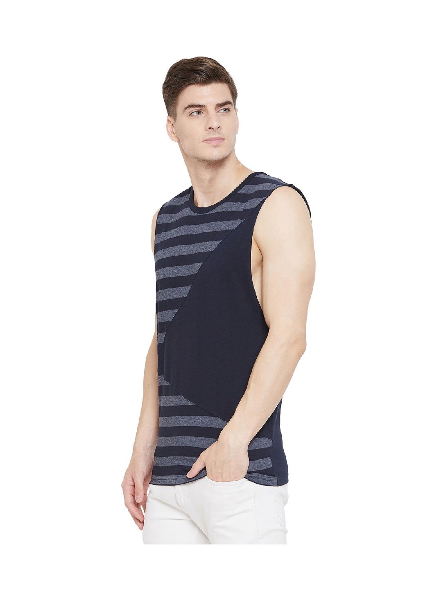 Hypernation Blue & Grey Stripes Cotton T-Shirt