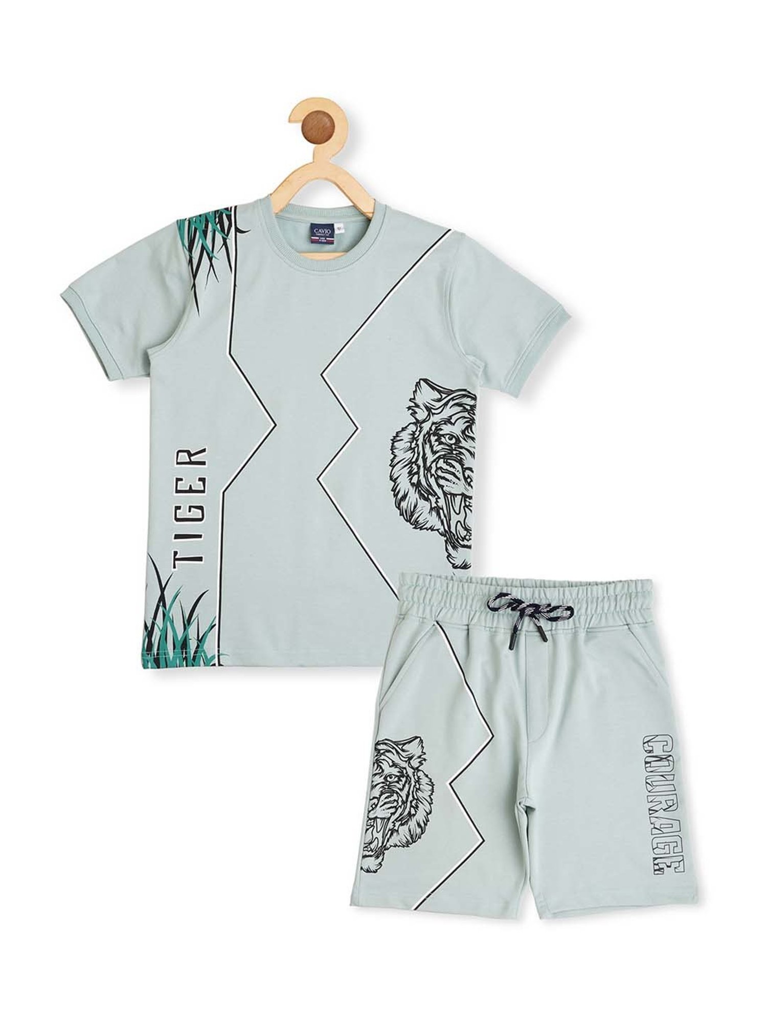 Cavio Kids Green Cotton Printed T-Shirt Set