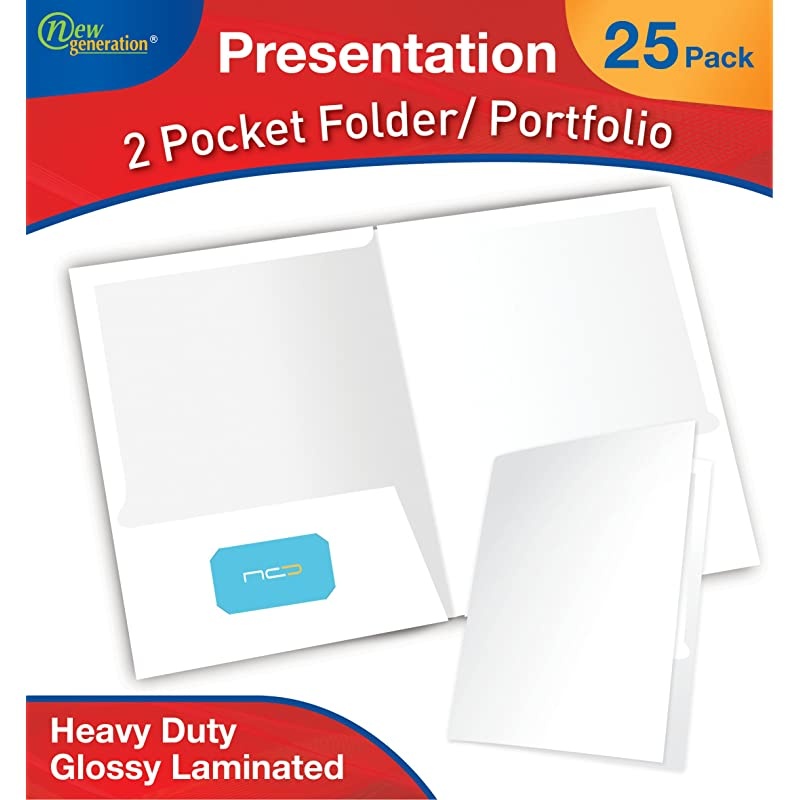 White 2 Pocket Folders, Durable Heavy Duty High Gloss Laminated White Presentation Folders Hold Letter Size sheets with a die-cut business card holder, 6 Pack ( 7673-25 )