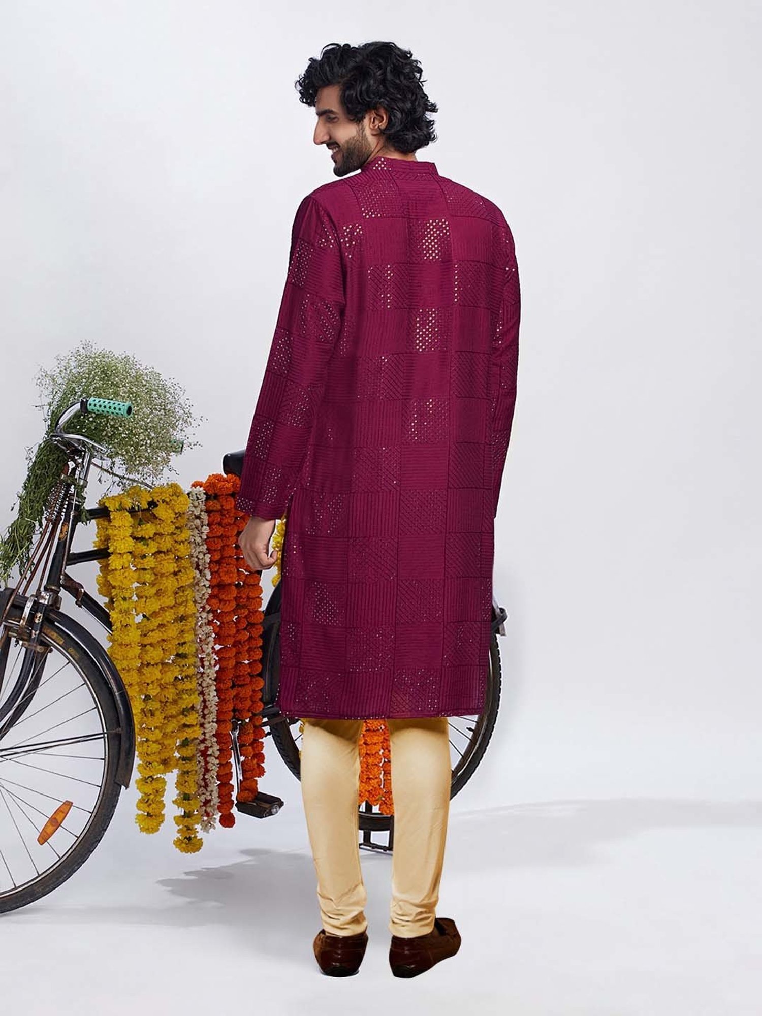 KISAH Burgundy & Beige Regular Fit Embellished Kurta & Churidar Set