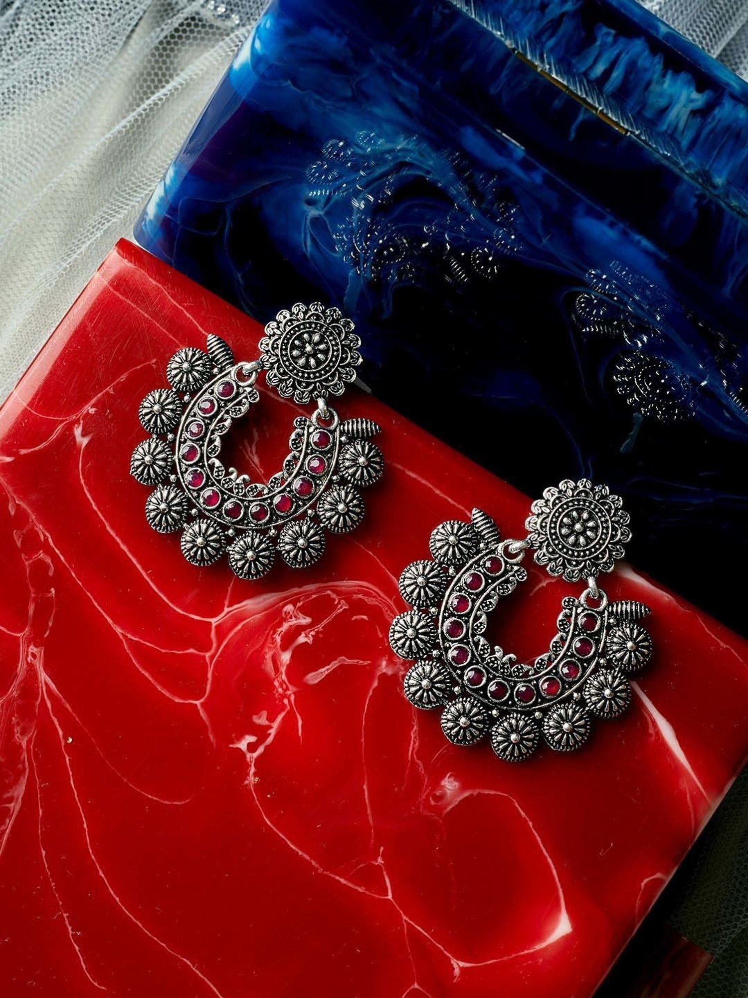 Panash Silver-Plated and Pink Oxidised Chand Bali Earrings