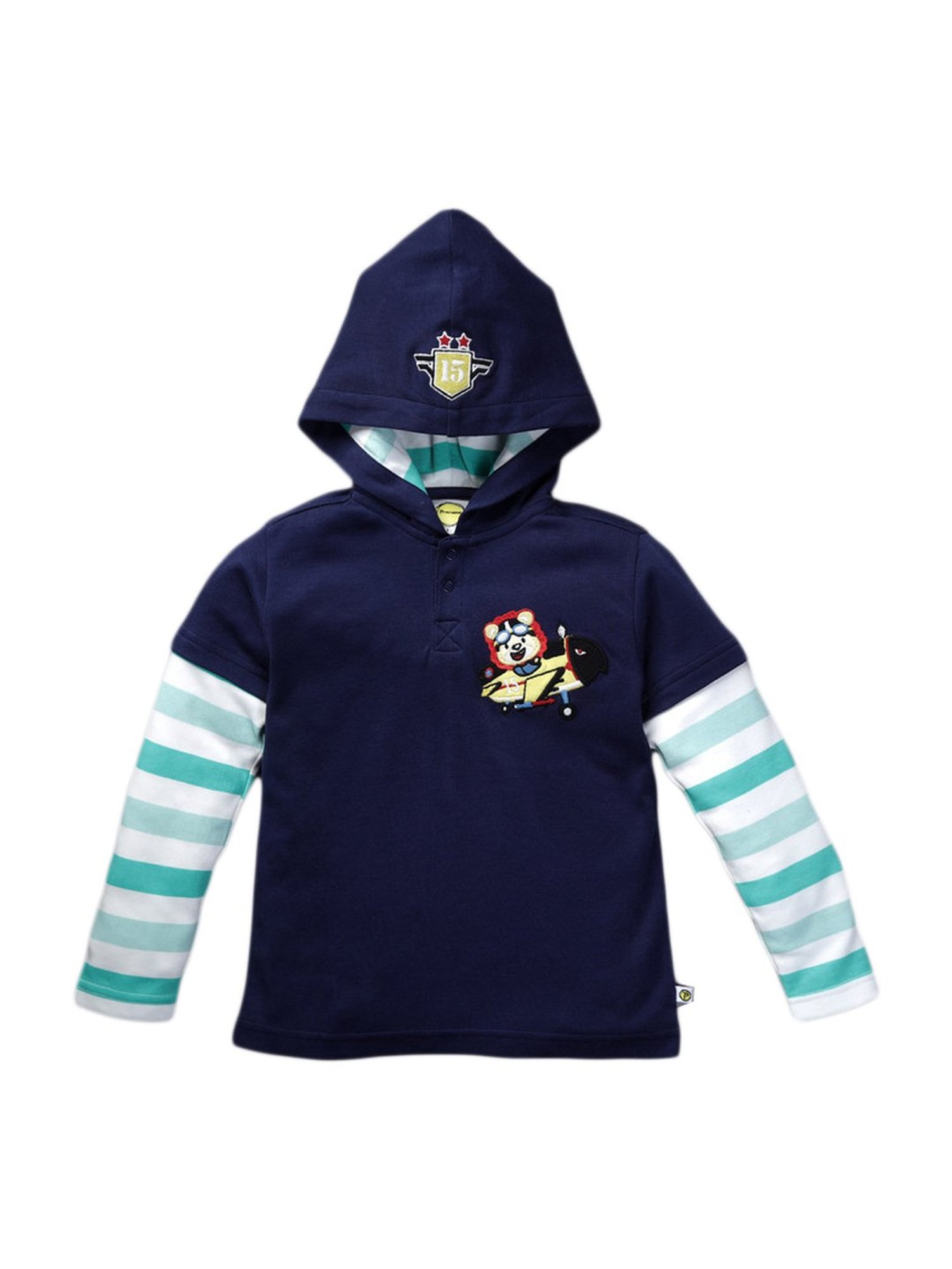 Pranava Kids Navy Cotton Patch Work Hooded T-Shirt