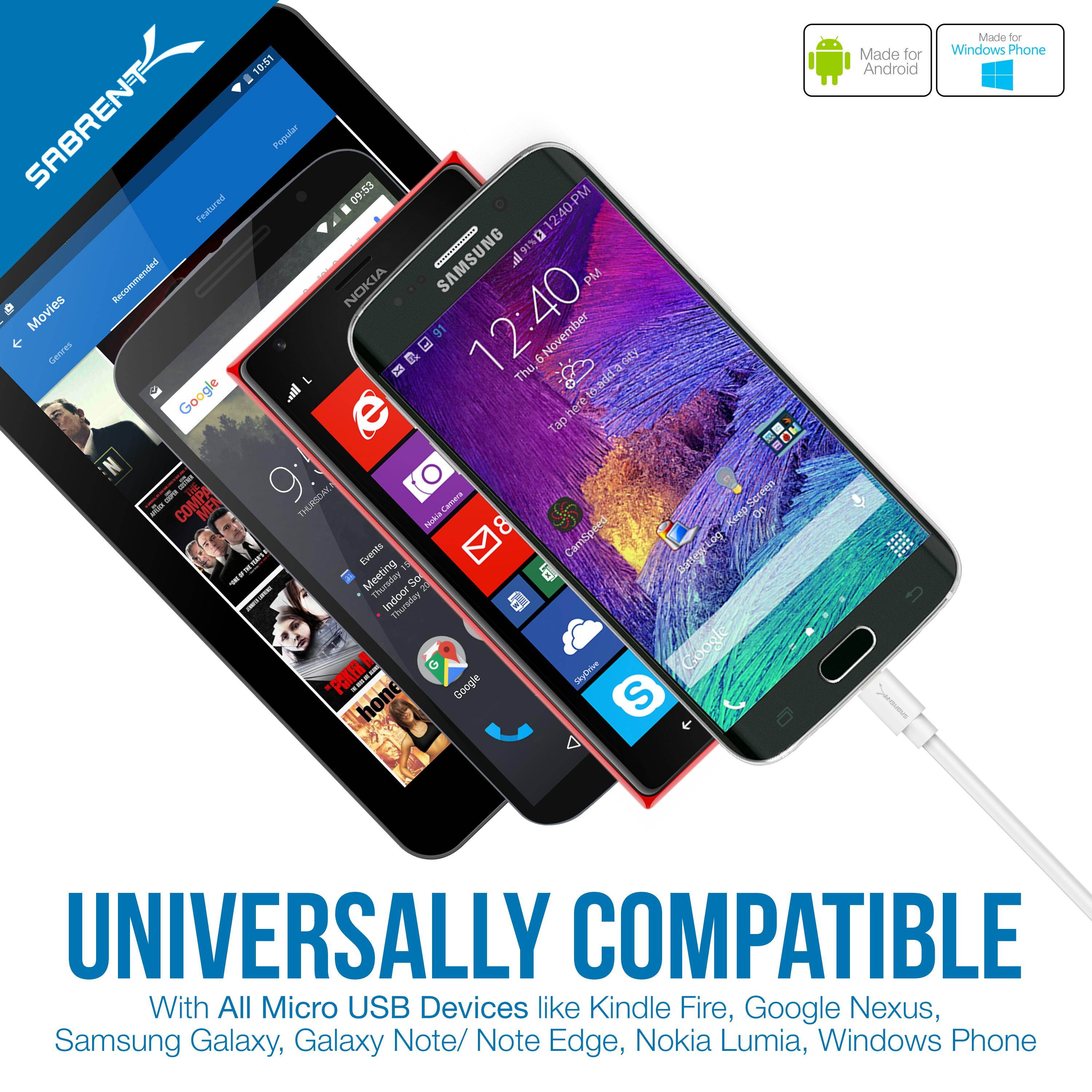 Sabrent 6-pack 22 AWG Premium 3ft Micro USB Cables High Speed USB 2.0 - White (CB-M63W)