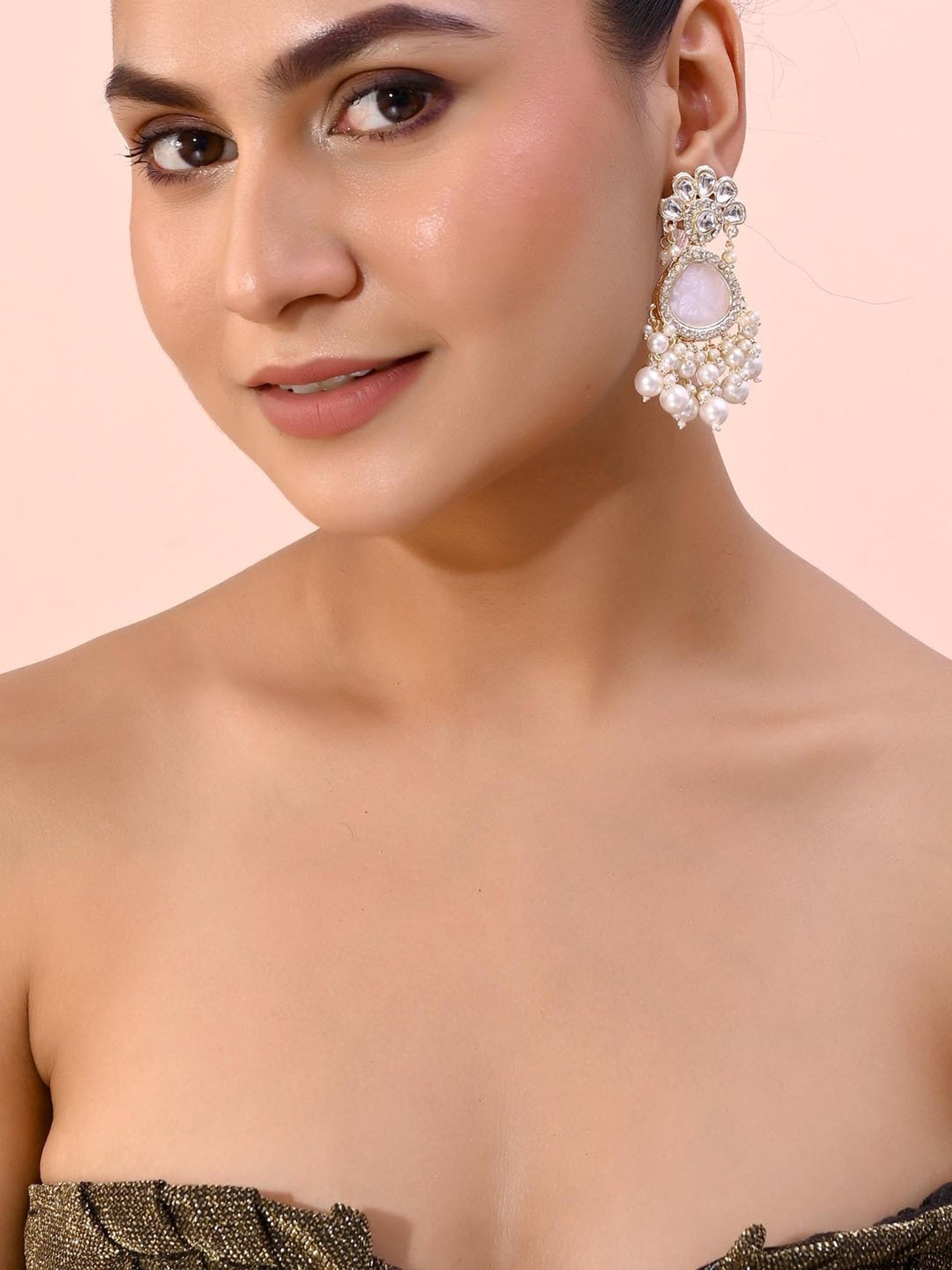 VOJ Gold-Toned Kundan Studded Contemporary Oxidised Drop Earrings for Women