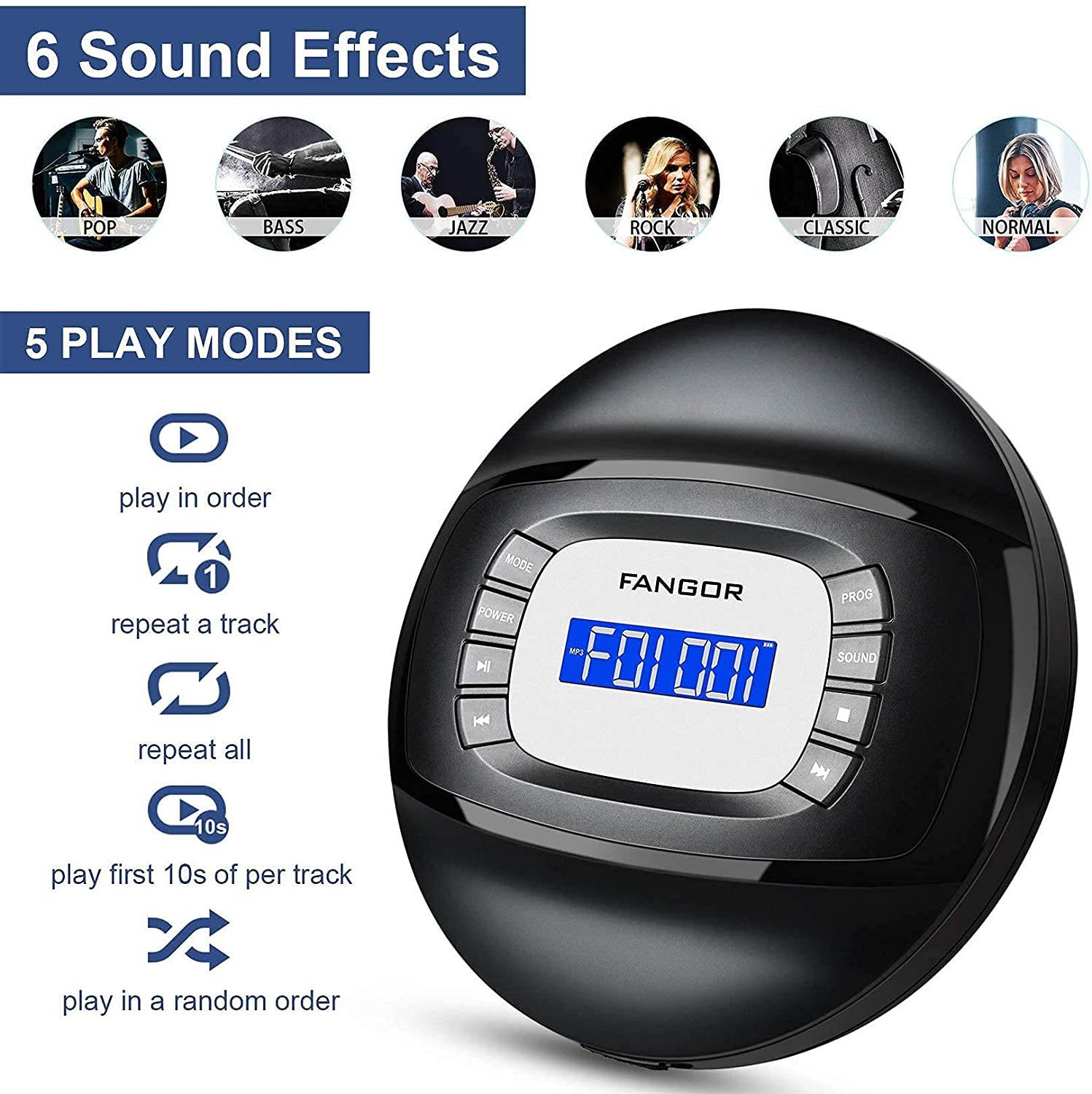 CD Player with Bluetooth Portable CD Player with Headphone, FANGOR Compact Rechargeable CD Player with Anti-Skip/Shock Protection Small CD Walkman for Kids Car and Travel 2021 Upgrade