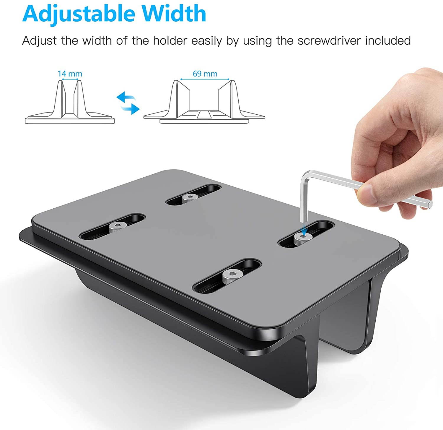 Vertical Laptop Stand [Adjustable Size], Desktop Aluminum MacBook Stand with Adjustable Dock Size, Fits All MacBook, Surface, Chromebook and Gaming Laptops (Up to 17.3 inch), Black