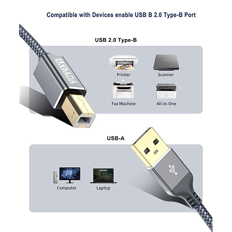 USB 2.0 Printer Cable 10ft, USB Type A Male to B Male Printer Scanner Cord High Speed Compatible with HP, Canon, Dell, Epson, Lexmark, Xerox, Samsung and More