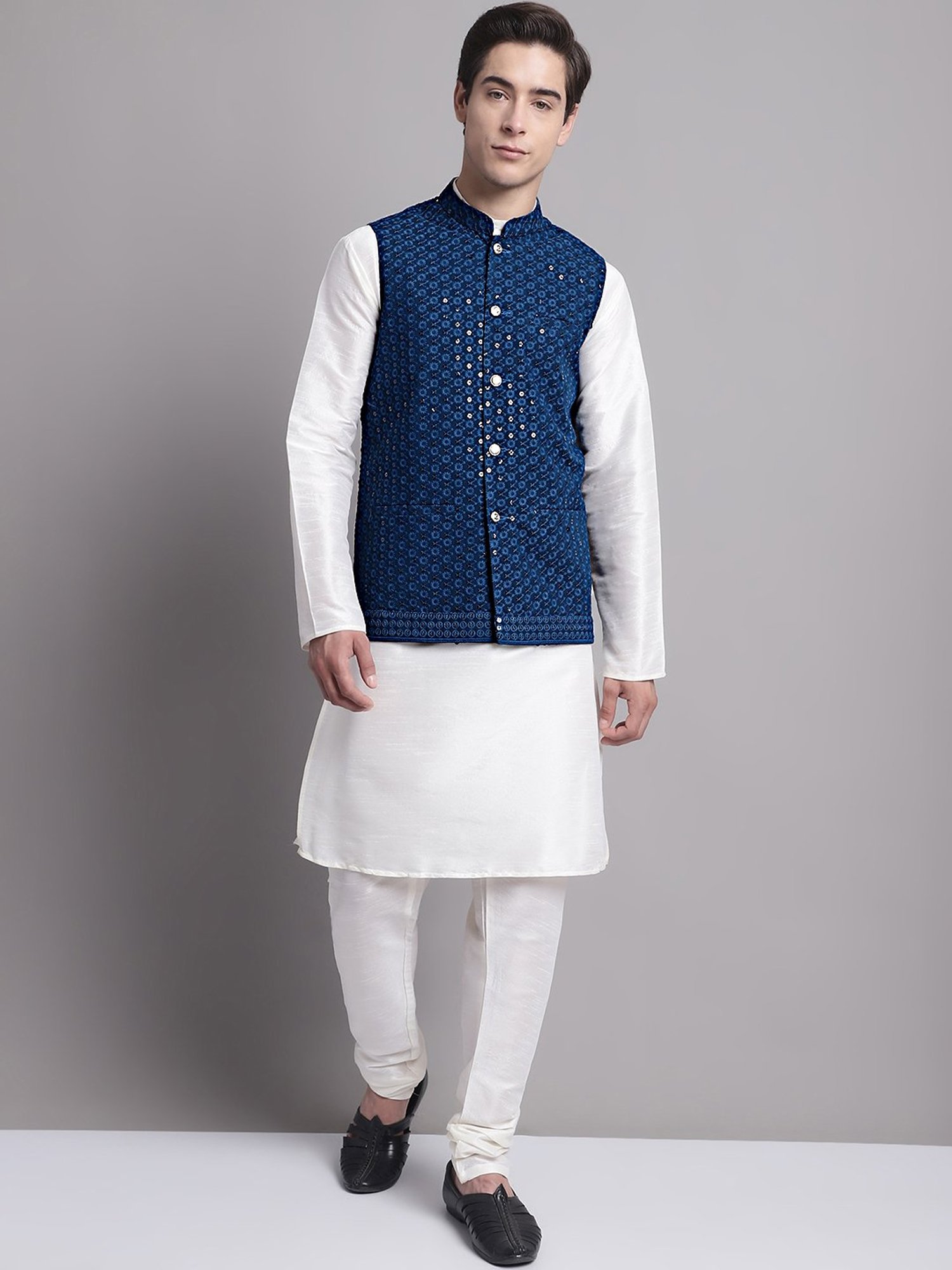Jompers Navy Regular Fit Embroidered Nehru Jacket