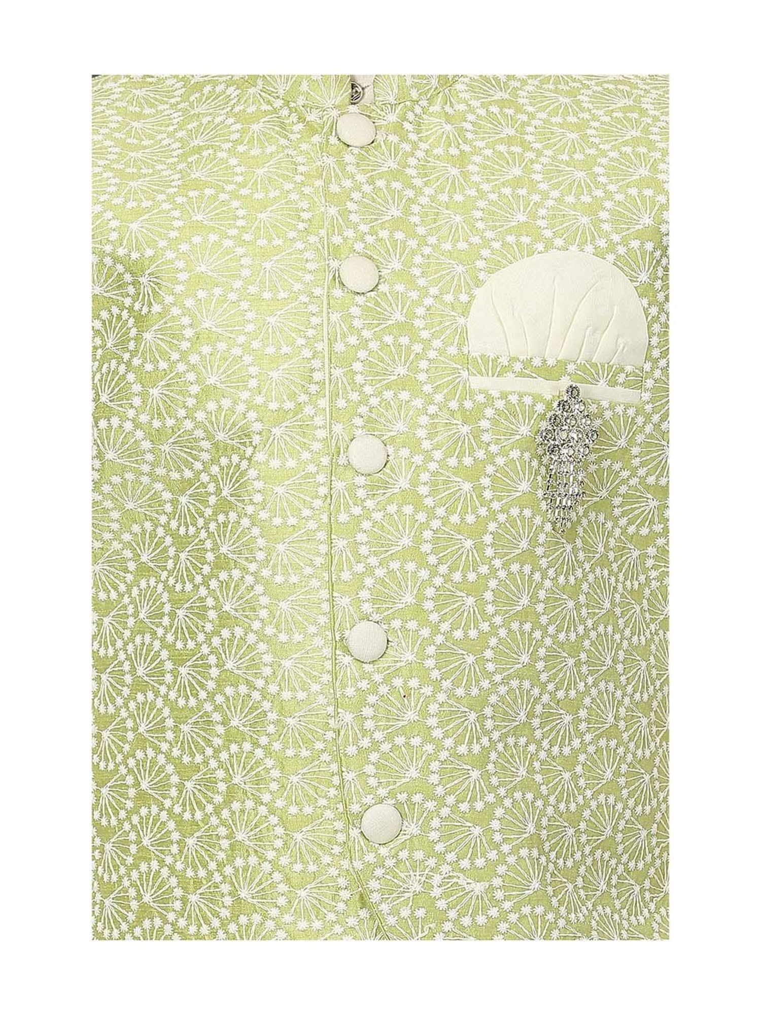 Ahhaaaa Kids Green & White Cotton Embroidered Full Sleeves Kurta Set