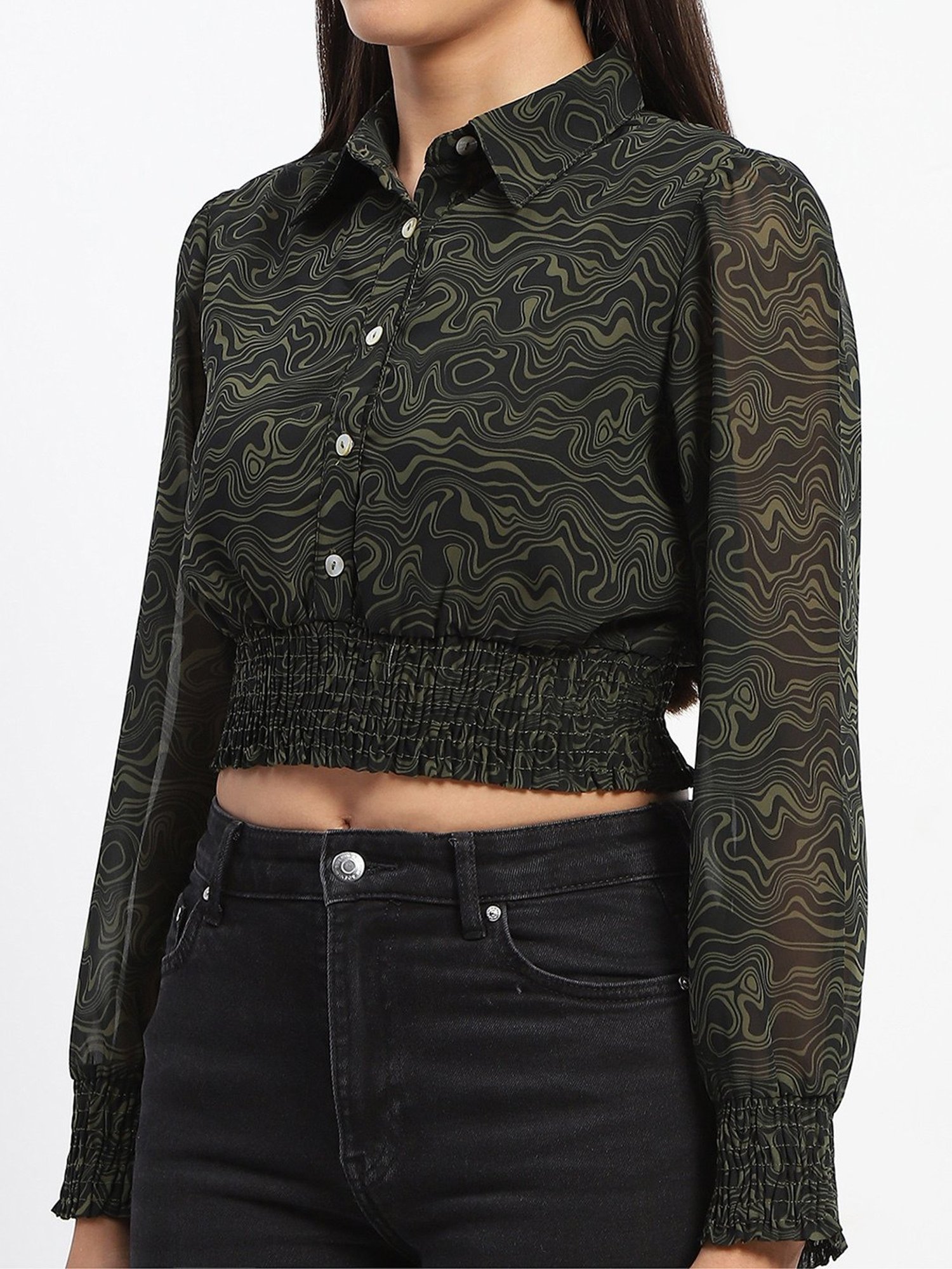 MADAME Olive & Black Printed Crop Top