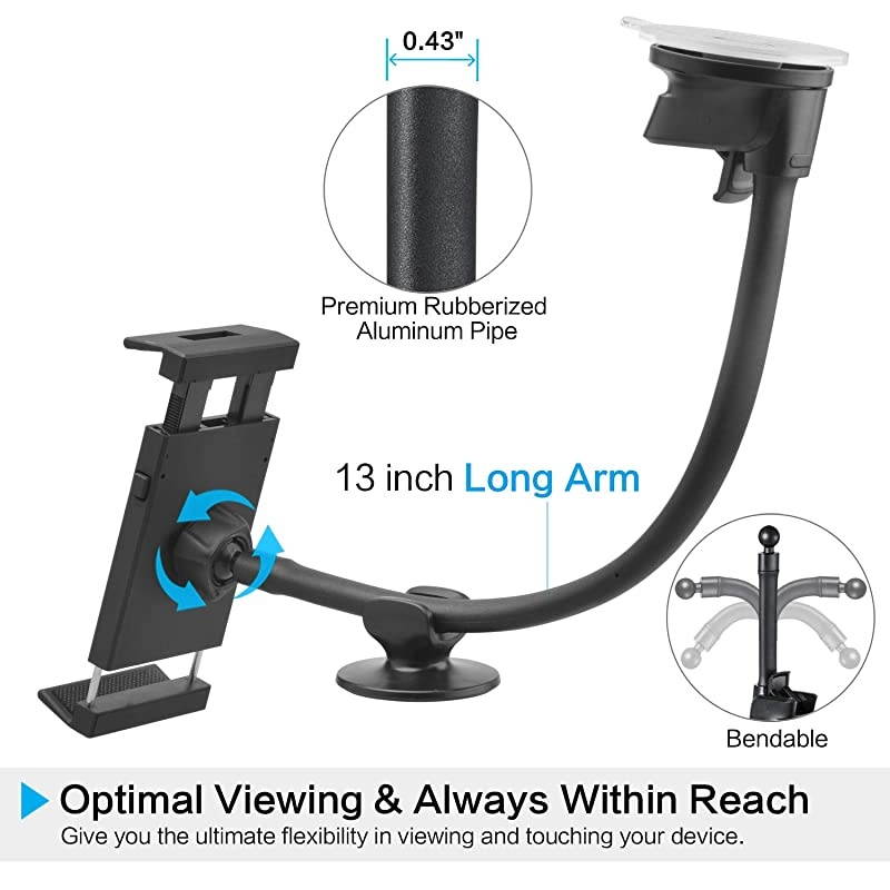 Tablet Car Mount Holder [13" Gooseneck Extension] Long Arm Suction Cup Mount for 7-11 inch Tablet, Cell Phone Holder for SUV Truck Vehicle Lift Uber -  Windshield Window Mount for iPad 2-in-1