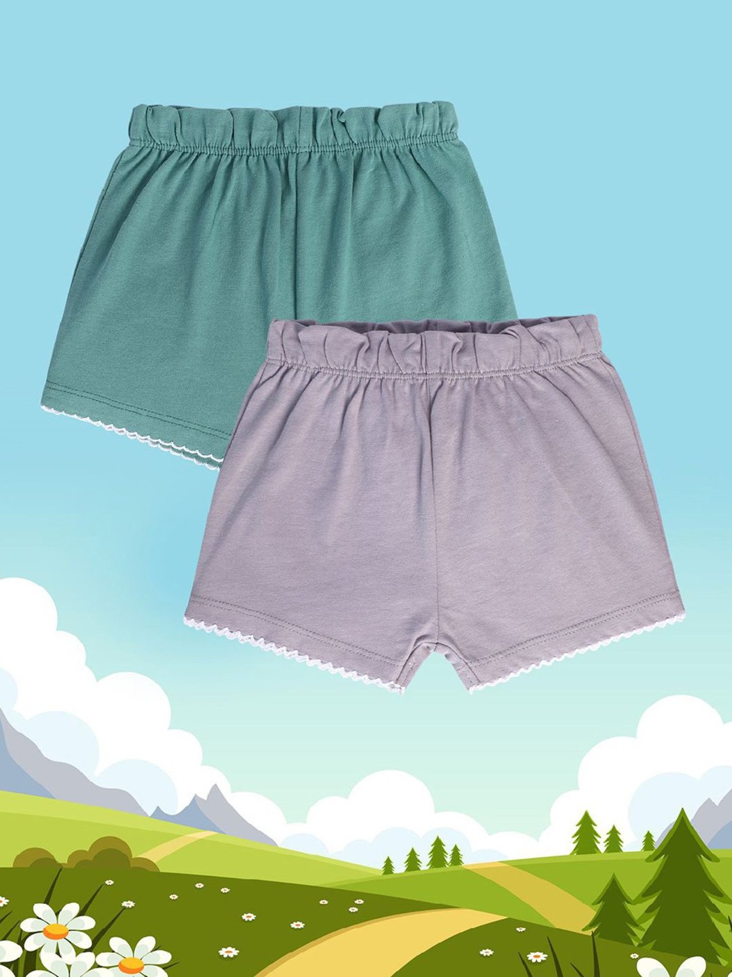 MINIKLUB Kids Grren & Purple Solid Shorts (Pack Of 2)