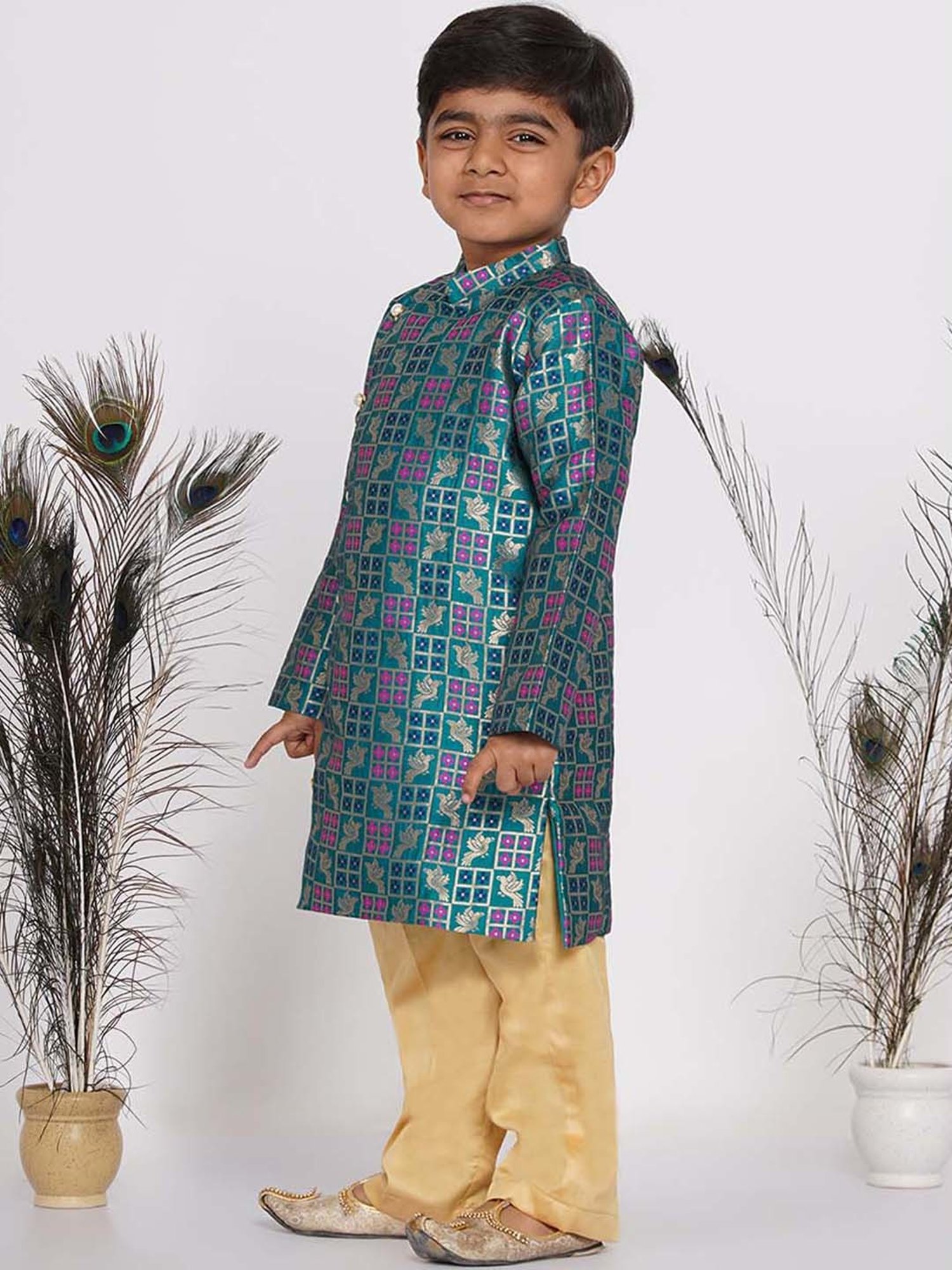 Little Bansi Kids Green & Beige Cotton Printed Full Sleeves Kurta Set