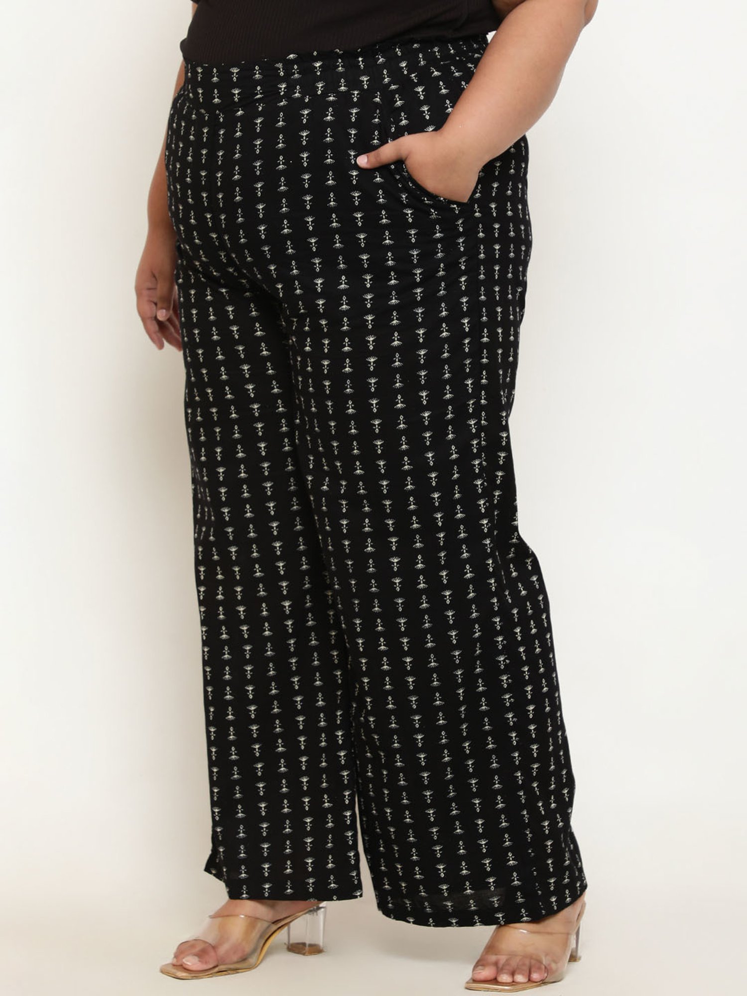 Amydus Black Printed Regular Fit High Rise Pants