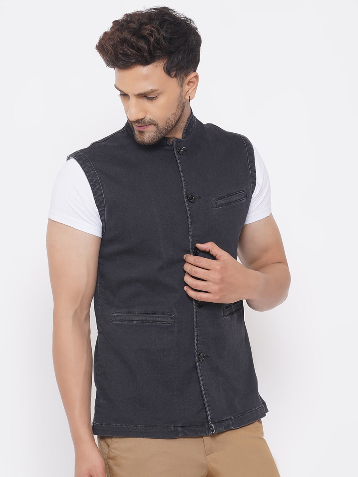 John Pride Black Regular Fit Denim Nehru Jacket