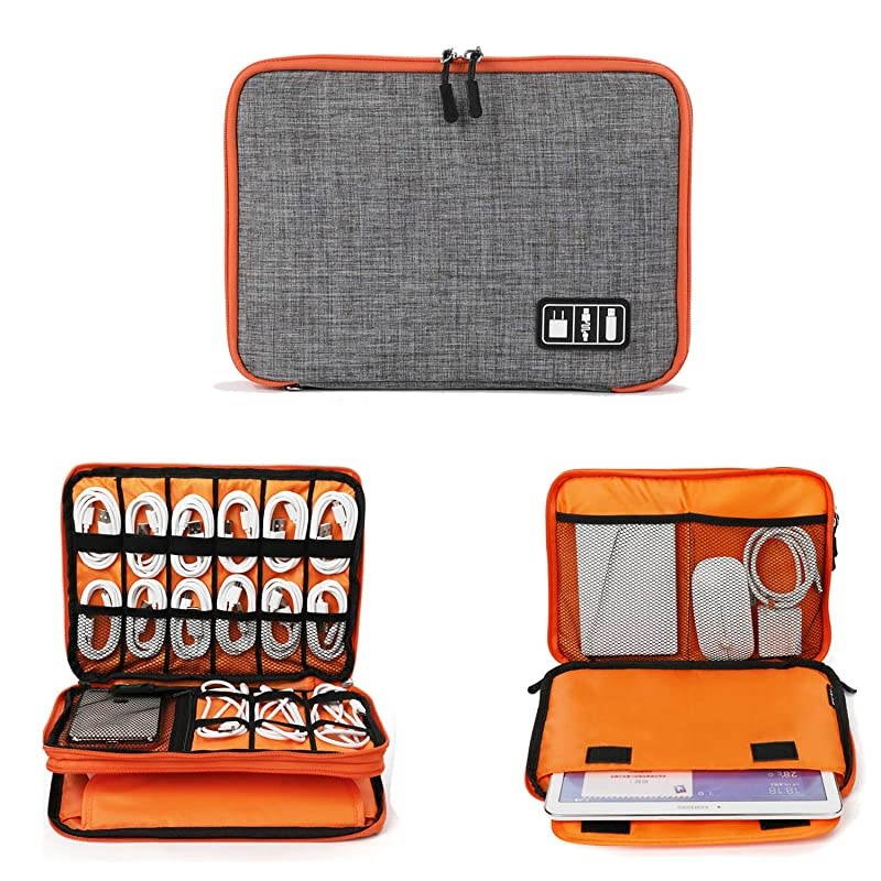 Electronics Organizer,  Electronic Accessories Cable Organizer Bag Waterproof Travel Cable Storage Bag for Charging Cable, Cellphone, iPad (Up to 11'' and More-Large(Orange and Gray)