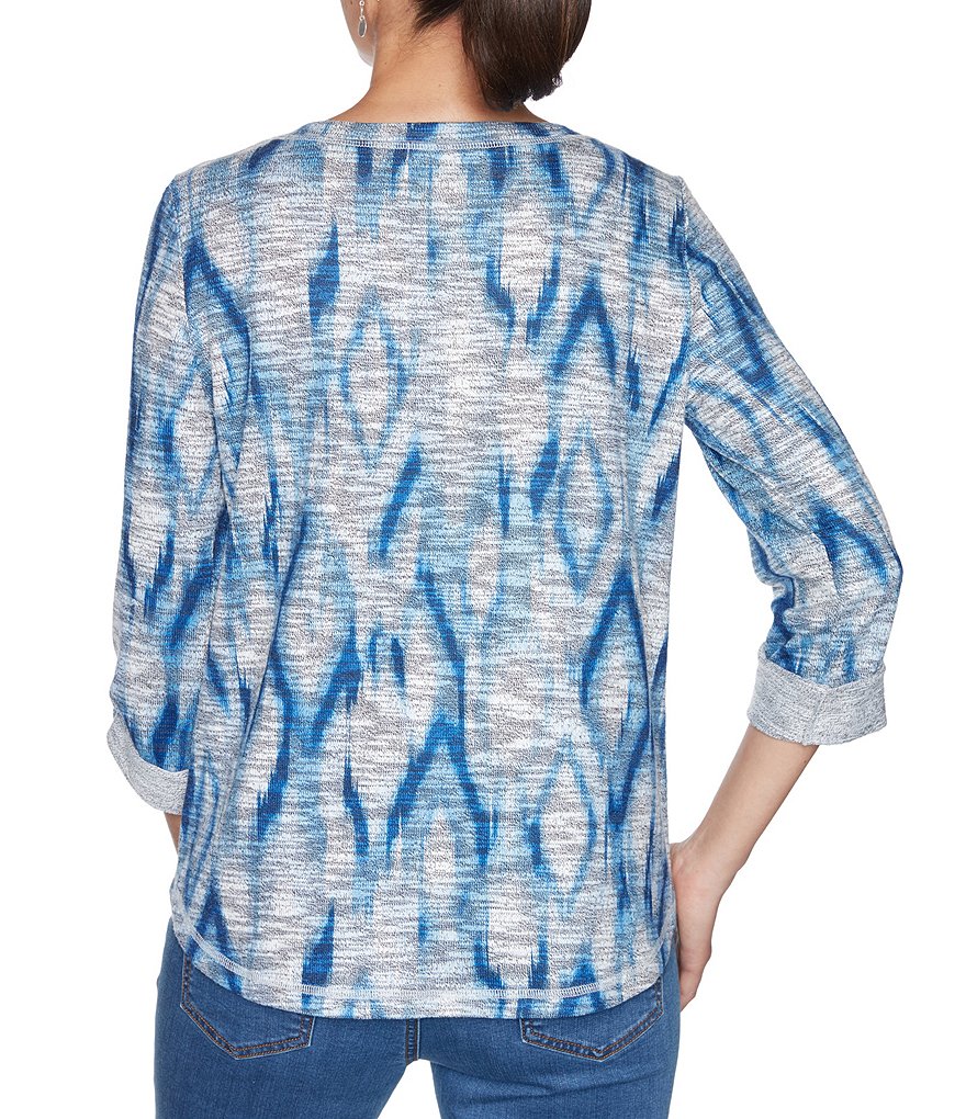Ruby Rd. Ikat Print Brushed Knit Ballet Neck Roll-Tab Sleeve Kangaroo Pocket Pullover