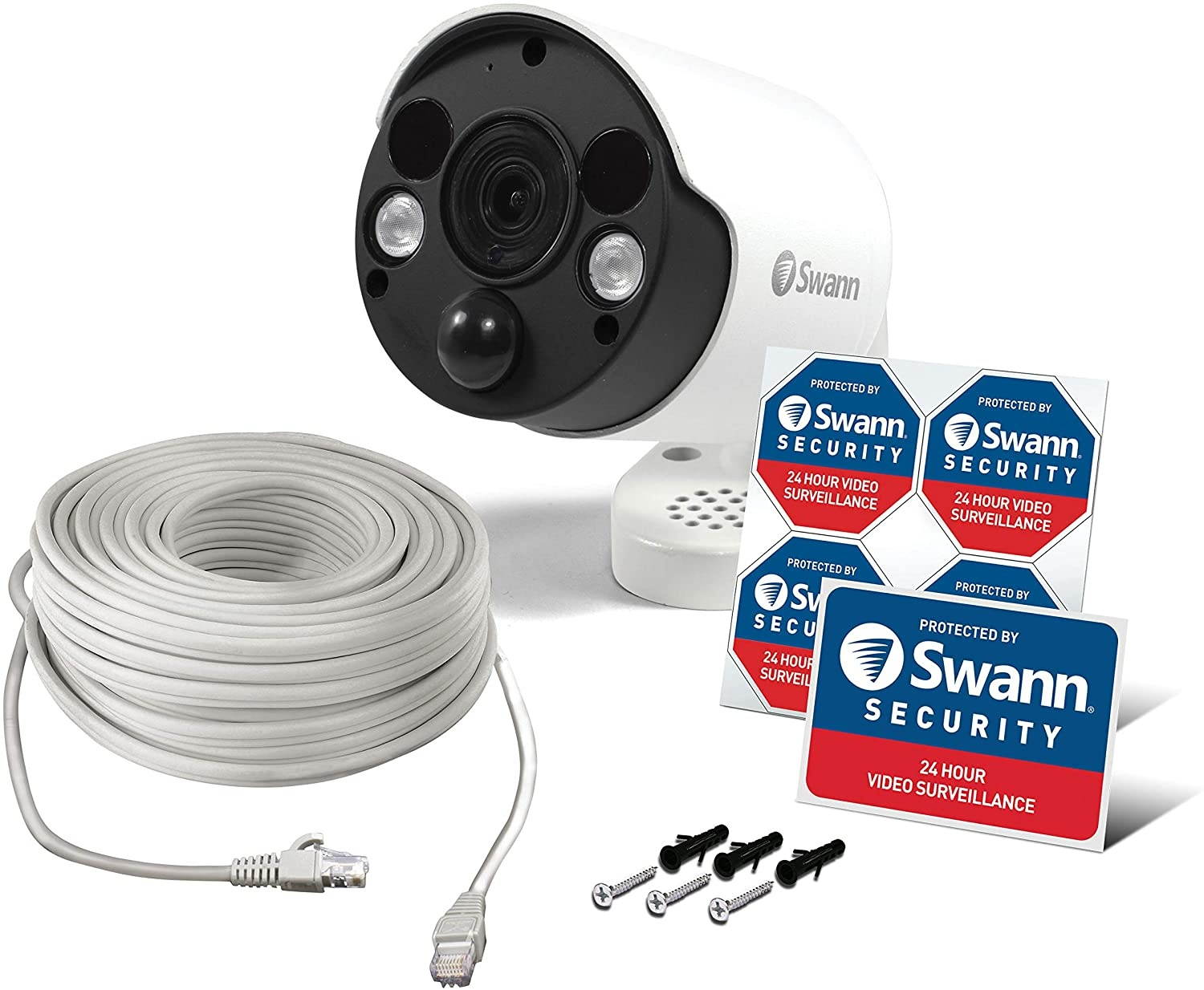 Swann Wired PIR Bullet Security Camera, 5MP HD Surveillance Cam with Infrared Night Vision, Motion Spotlights, Two-Way Audio, Add to NVR with PoE, SWNHD-865MSFB
