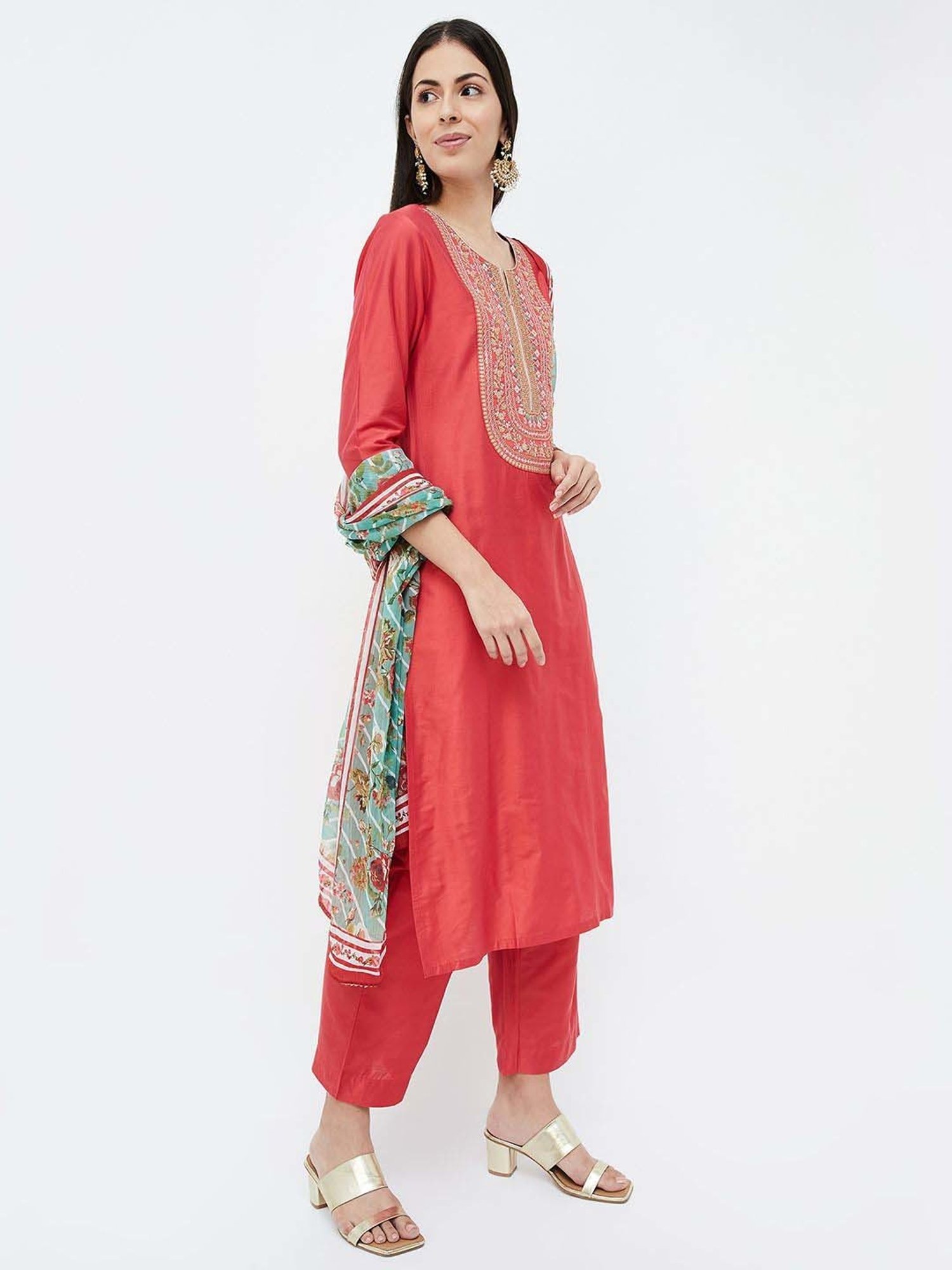 Melange by Lifestyle Red Embroidered Kurta Pant Set With Dupatta