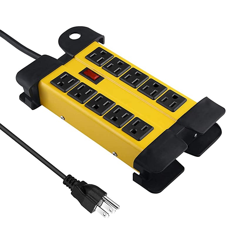 Metal Power Strip 10 Outlet Heavy Duty Power Strip Workshop Power Strip with 59FT 14AWG3C Power Cord 15A Circuit Breaker Electrical Rating AC 15A 125V 60HZ 1875W ETL Listed